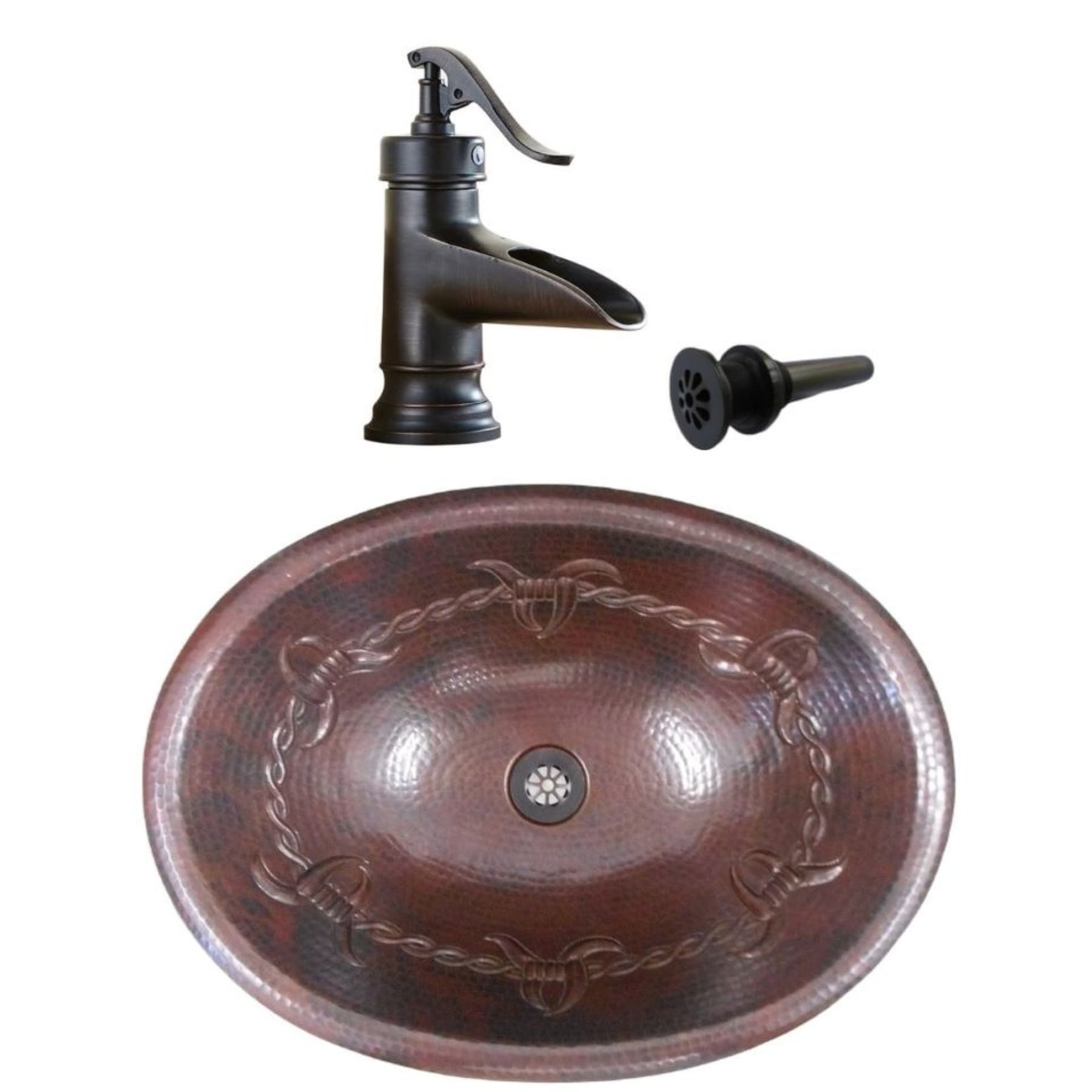 19 Oval Copper Bath Sink Barb Wire Design Faucet Kit Included 19 X 14 X 5.5