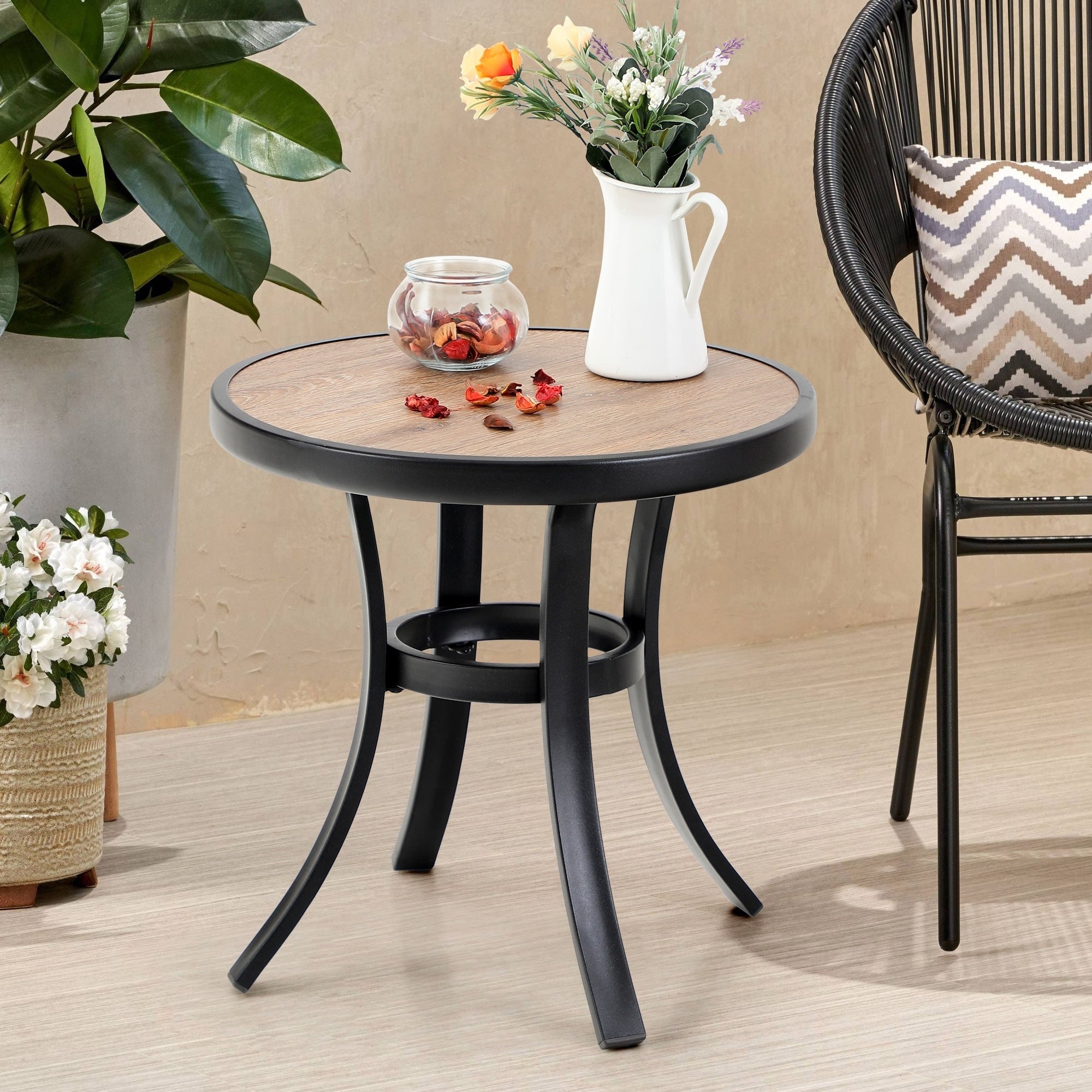 Phi Villa 19 Small Round Side Table Outdoor Dining Coffee Table With Steel Frame And Wooden Like Surface