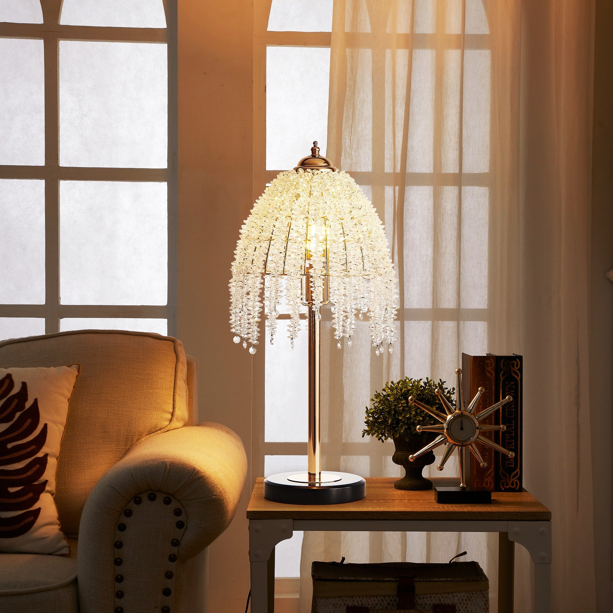 19 H Elegant Crystal Table Lamp Waterfall Design With Crystal Bead String Shades And Marble Textured Base Bulb Not Included