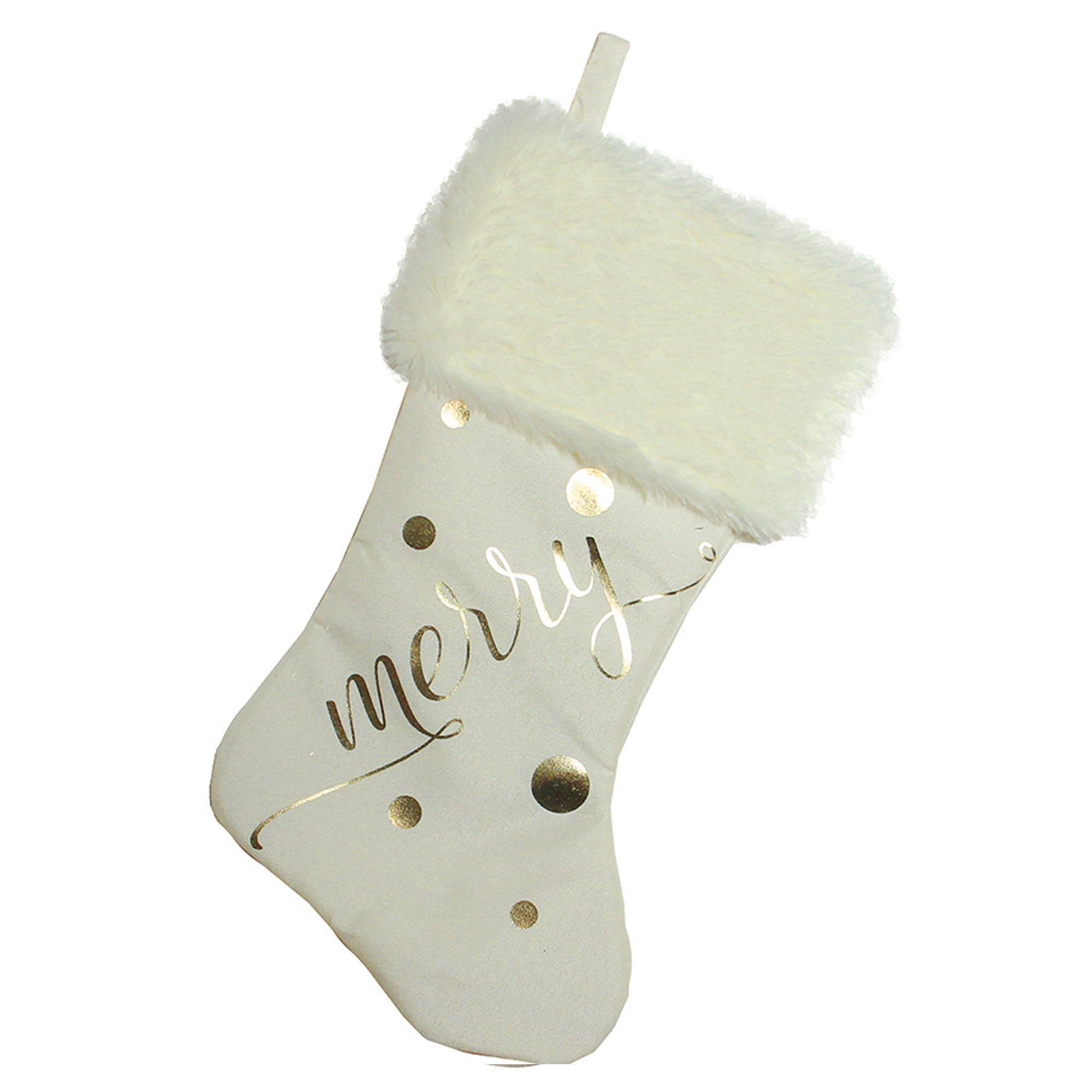 19 Ivory White Gold Foil Merry Christmas Stocking With White Faux Fur Cuff