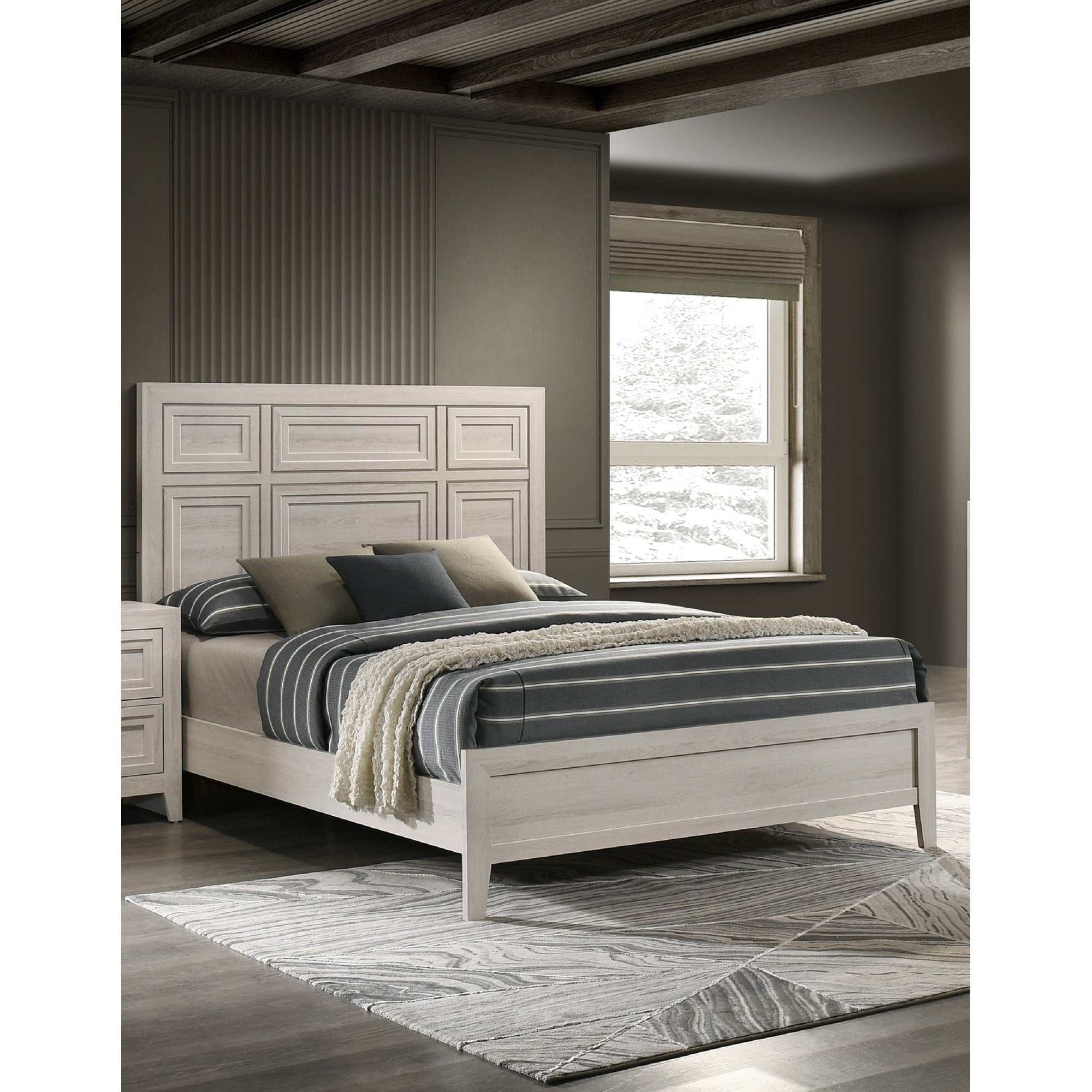 1Pc Antique White Architectural Paneling Bed Bedroom Furniture Contemporary Style