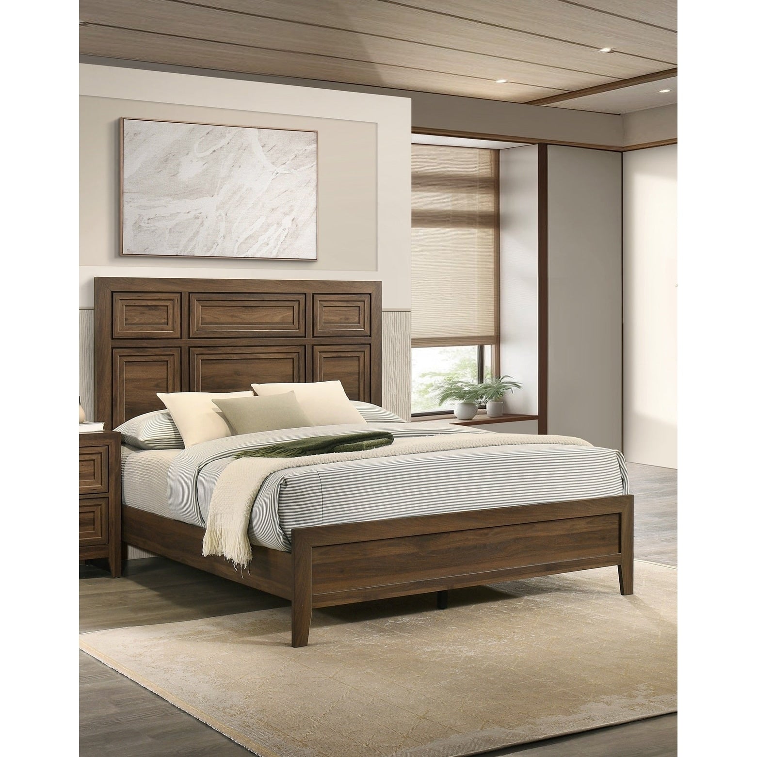1Pc Brown Architectural Paneling Bed Bedroom Furniture Contemporary Style