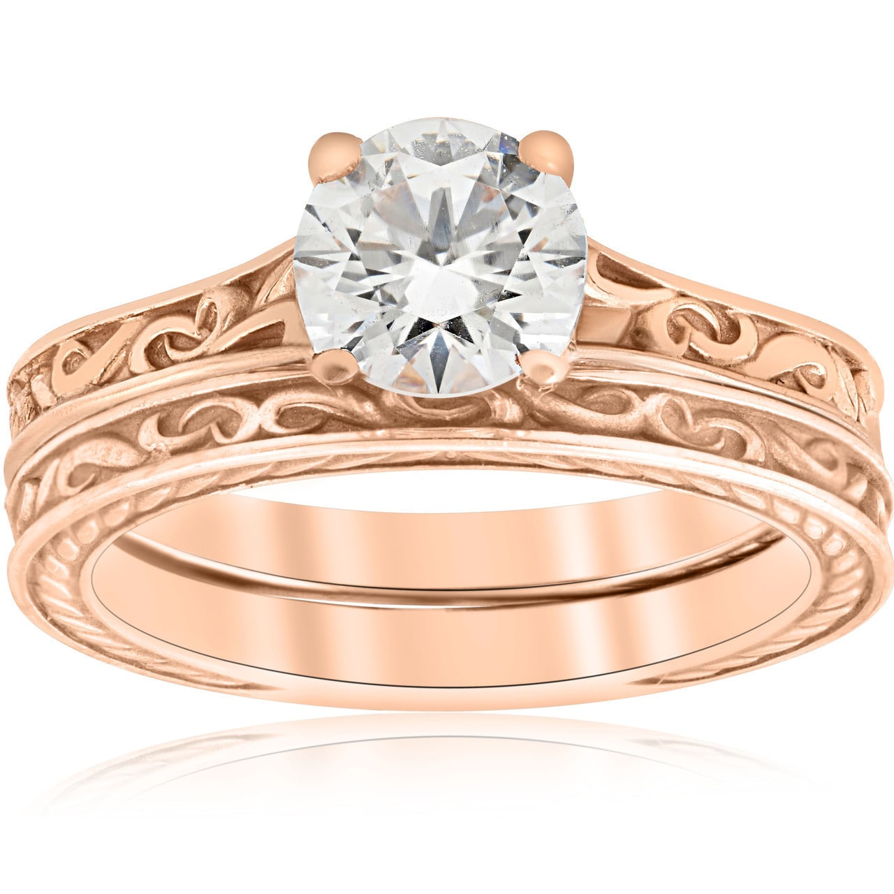 1Ct Diamond Solitaire 14K Rose Gold Vintage Engagement Ring Wedding Band Clarity Enhanced H I I1 I2