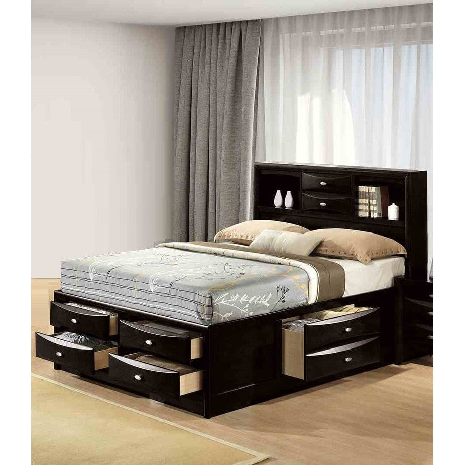 1Pc 6Drawers Solid Wood Black Finish Captain Bed W Bookcase Headboard