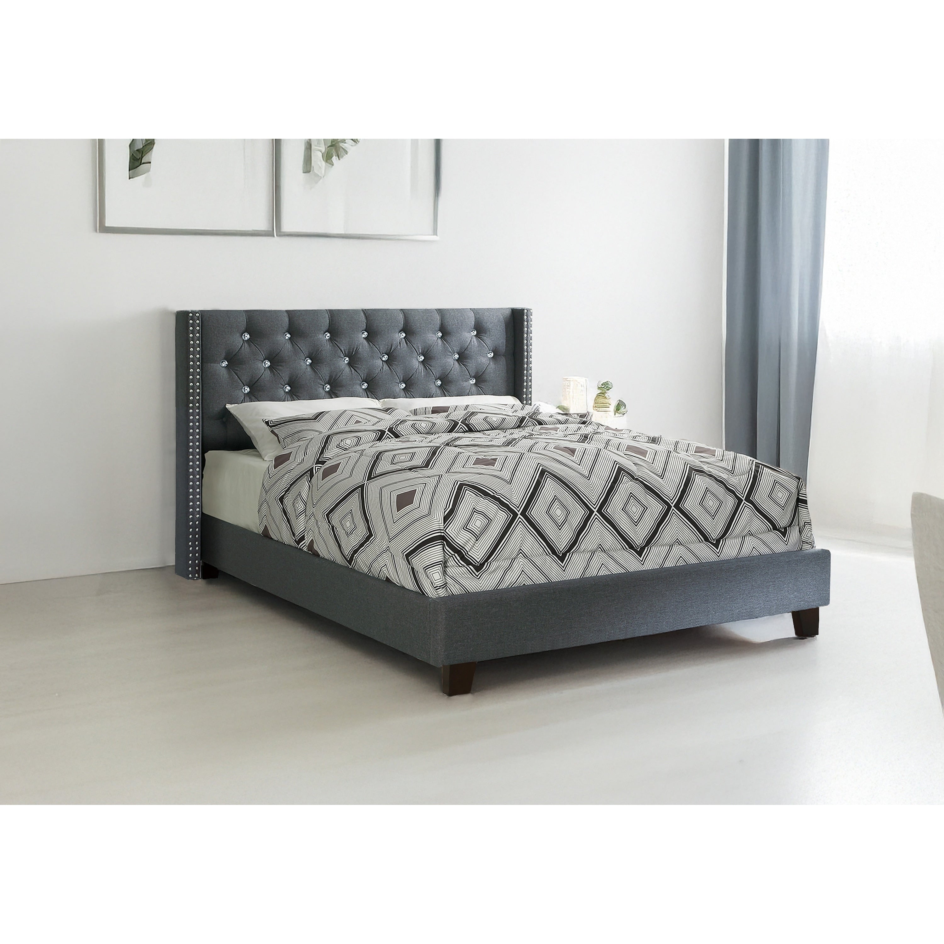 1Pc Bed Set Button Tufted Nailhead Trim Blue Gray Bedroom Furniture
