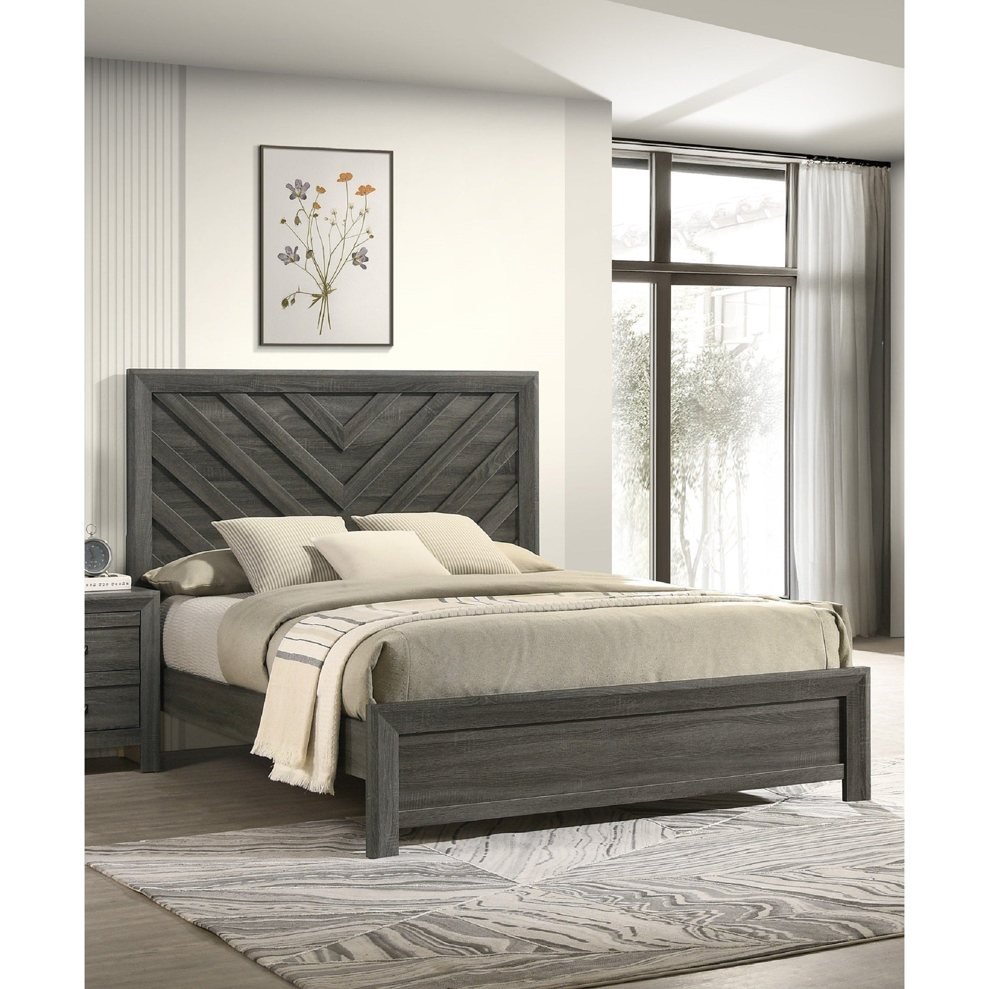 1Pc Contemporary Chevron Patterned Headboard Panel Bed Gray Finish Bedroom Furniture