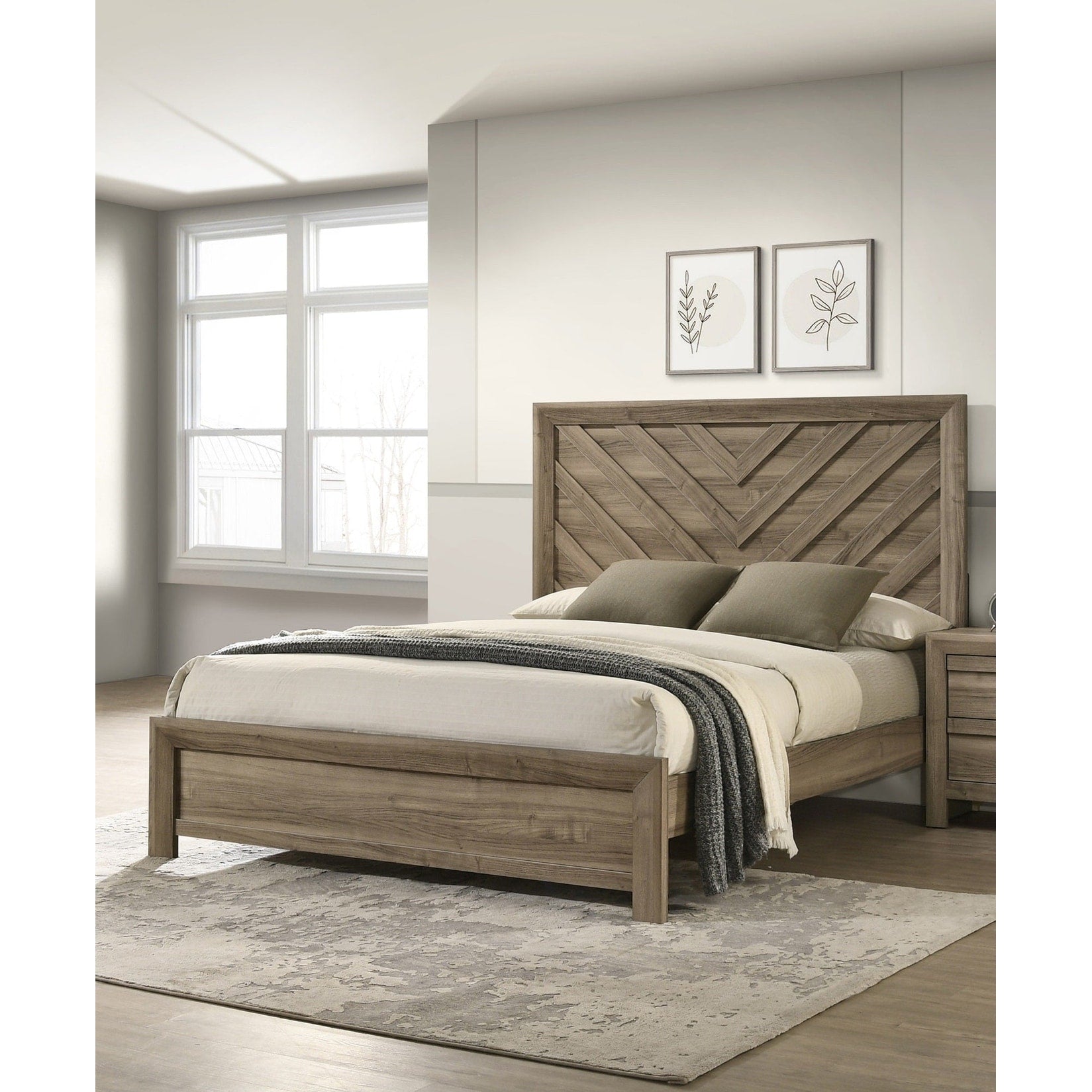 1Pc Contemporary Chevron Patterned Headboard Panel Bed Light Brown Finish Bedroom Furniture