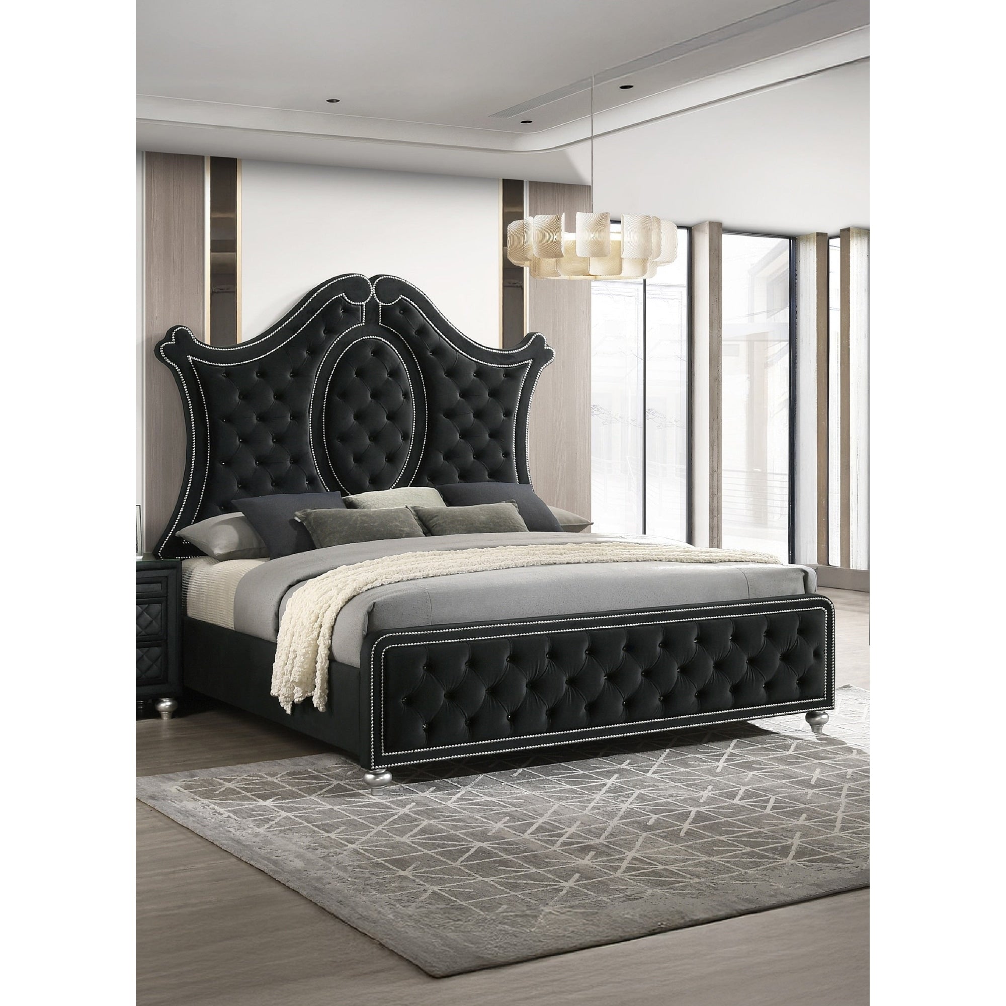 1Pc Glam Black Tufted Headboard Luxurious Upholstery Diamond Patterned Panel Bed Wooden Bedroom Furniture