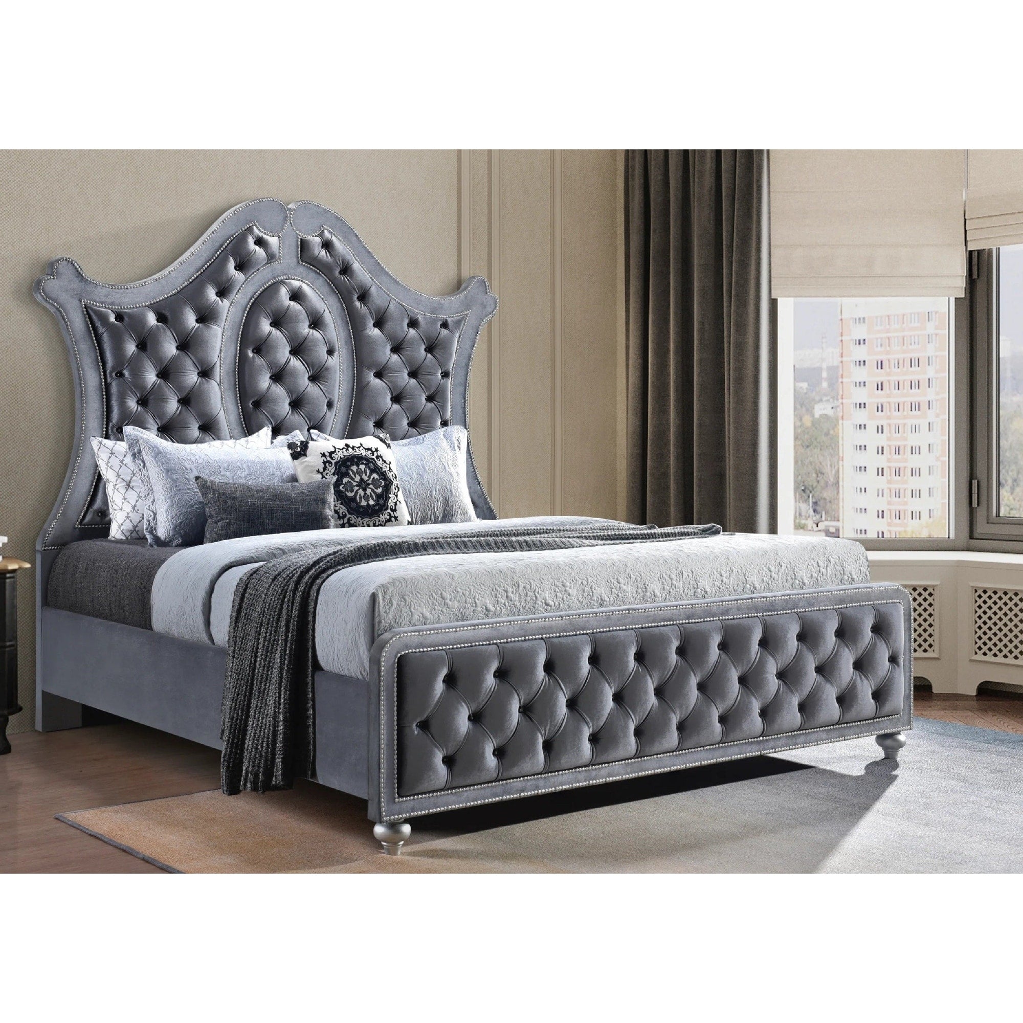 1Pc Glam Grey Tufted Headboard Luxurious Upholstery Diamond Patterned Panel Bed Wooden Bedroom Furniture
