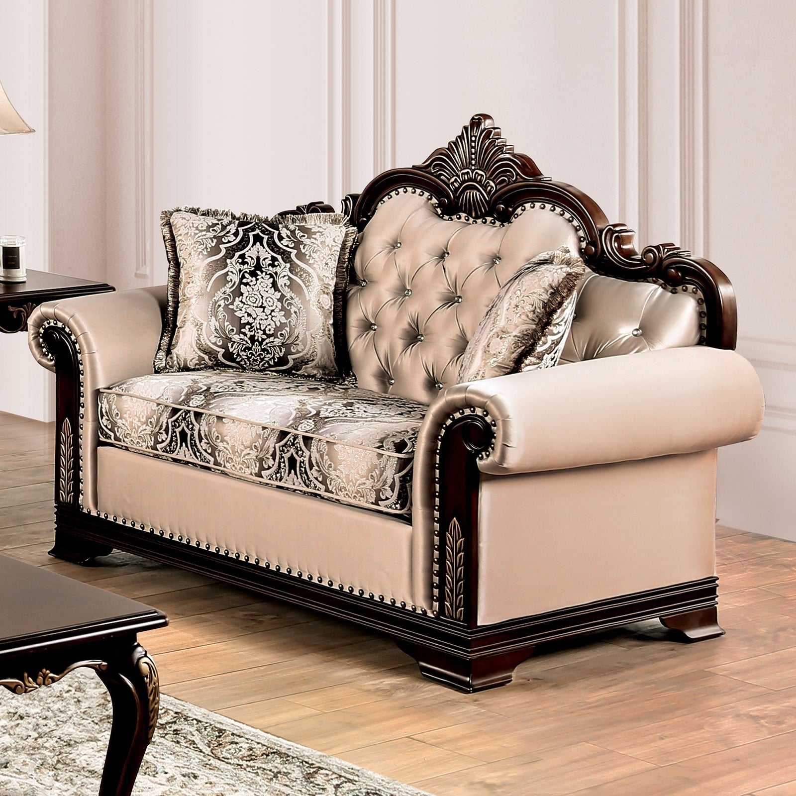 1Pc Loveseat Formal Wooden Carved Details W Accent Pillows