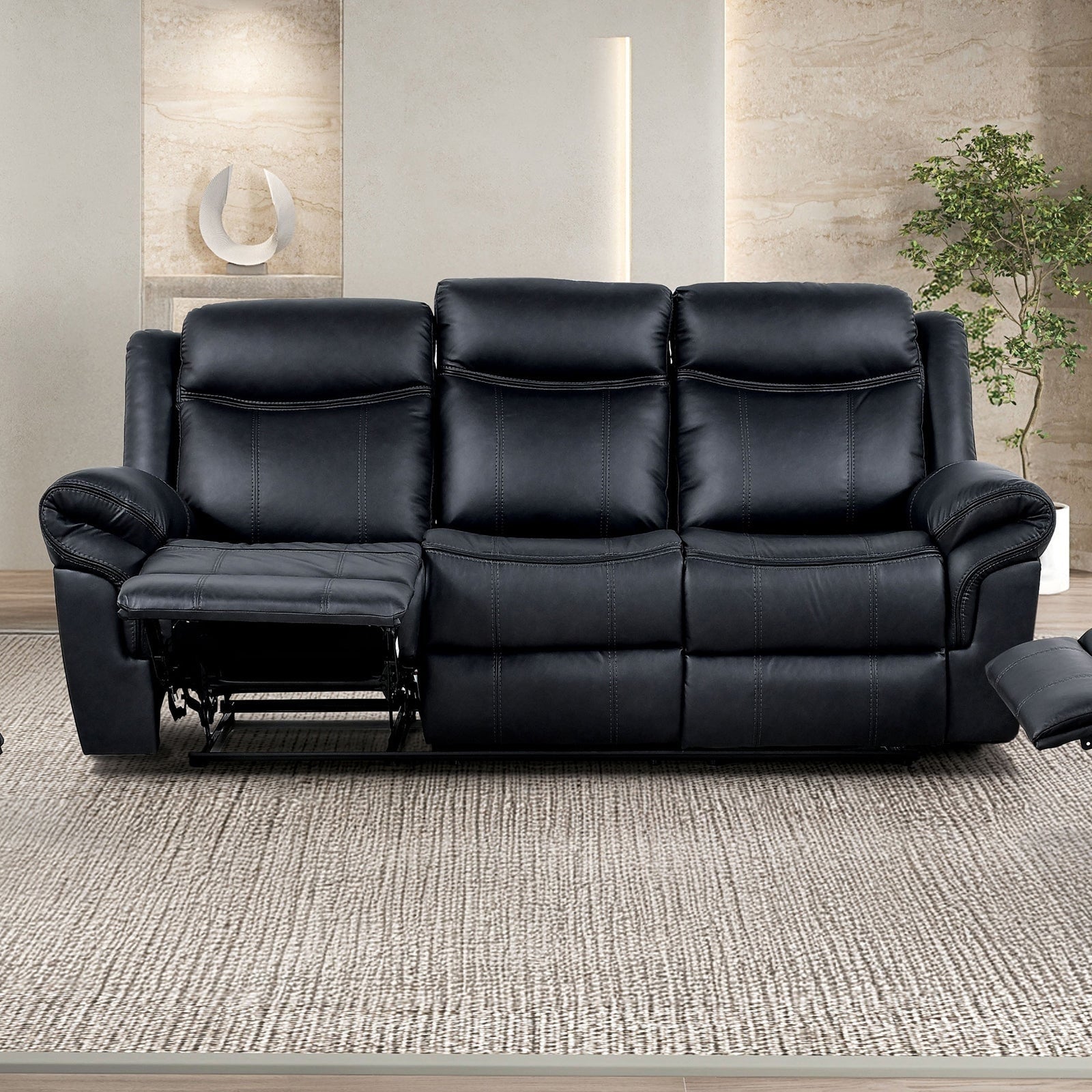 1Pc Manual Recliner Sofa Faux Leather Solid Wood