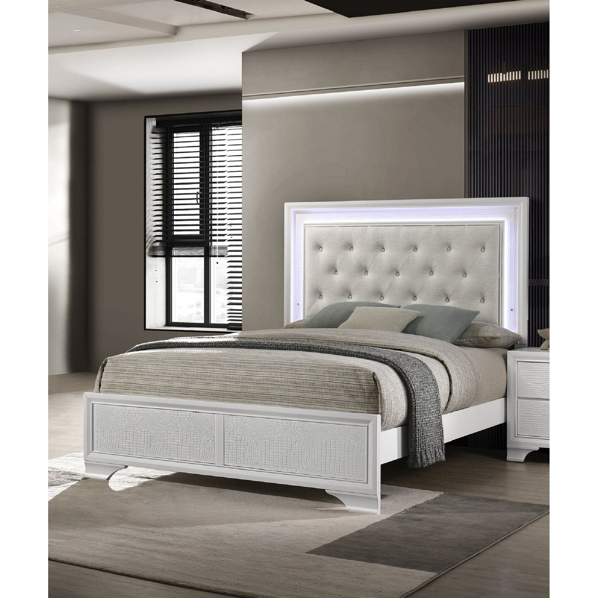 1Pc Modern Led Backlit Light Upholstered Tufted Headboard Panel Bed Crisp White Finish Wooden Bedroom Furniture