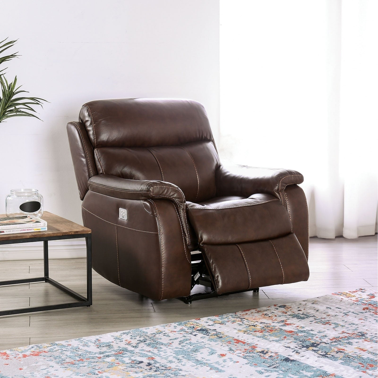 1Pc Power Recliner Chair Brown Upholstered Pillow Top Arms