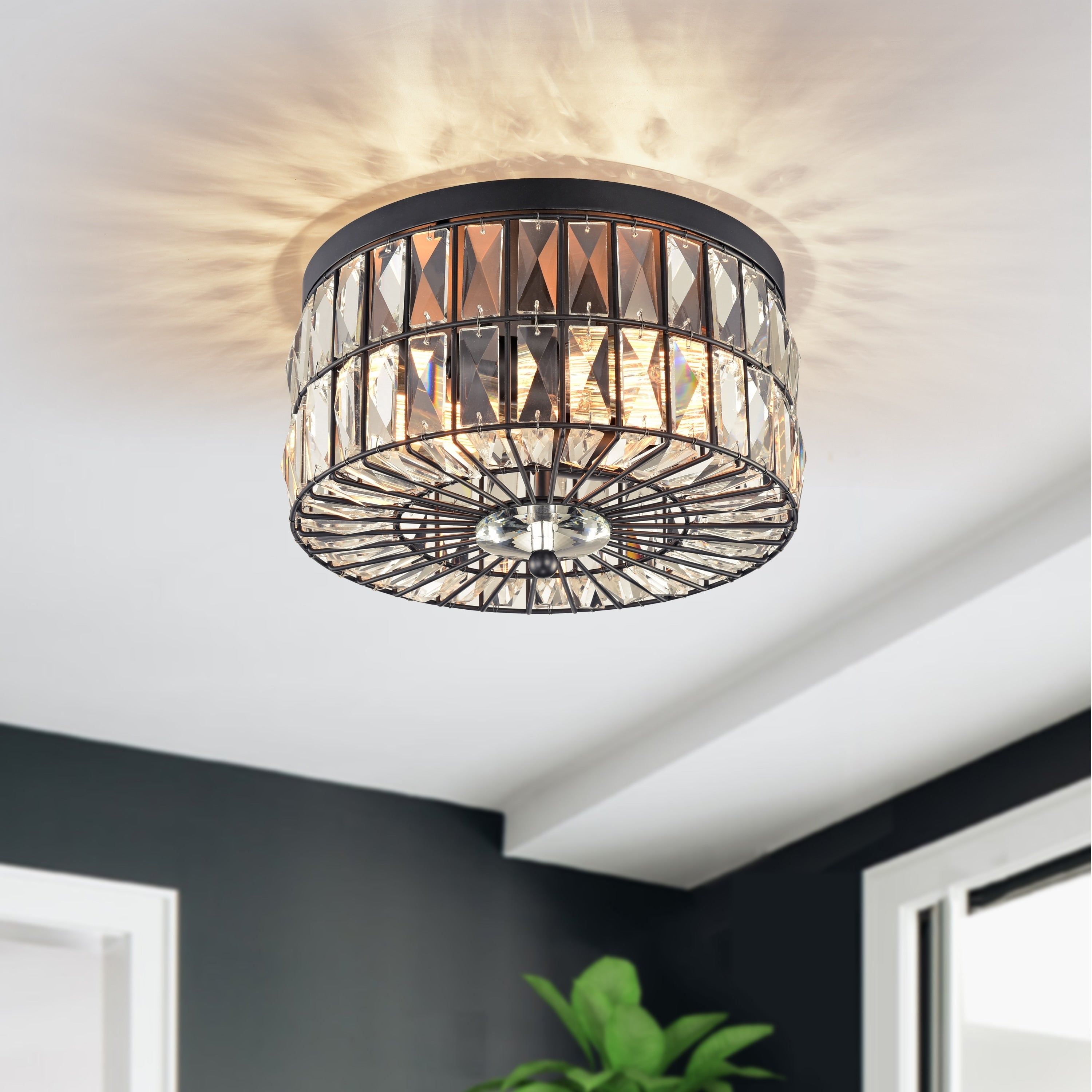 2 Light Crystal Glass Flush Mount Chandelier In Black