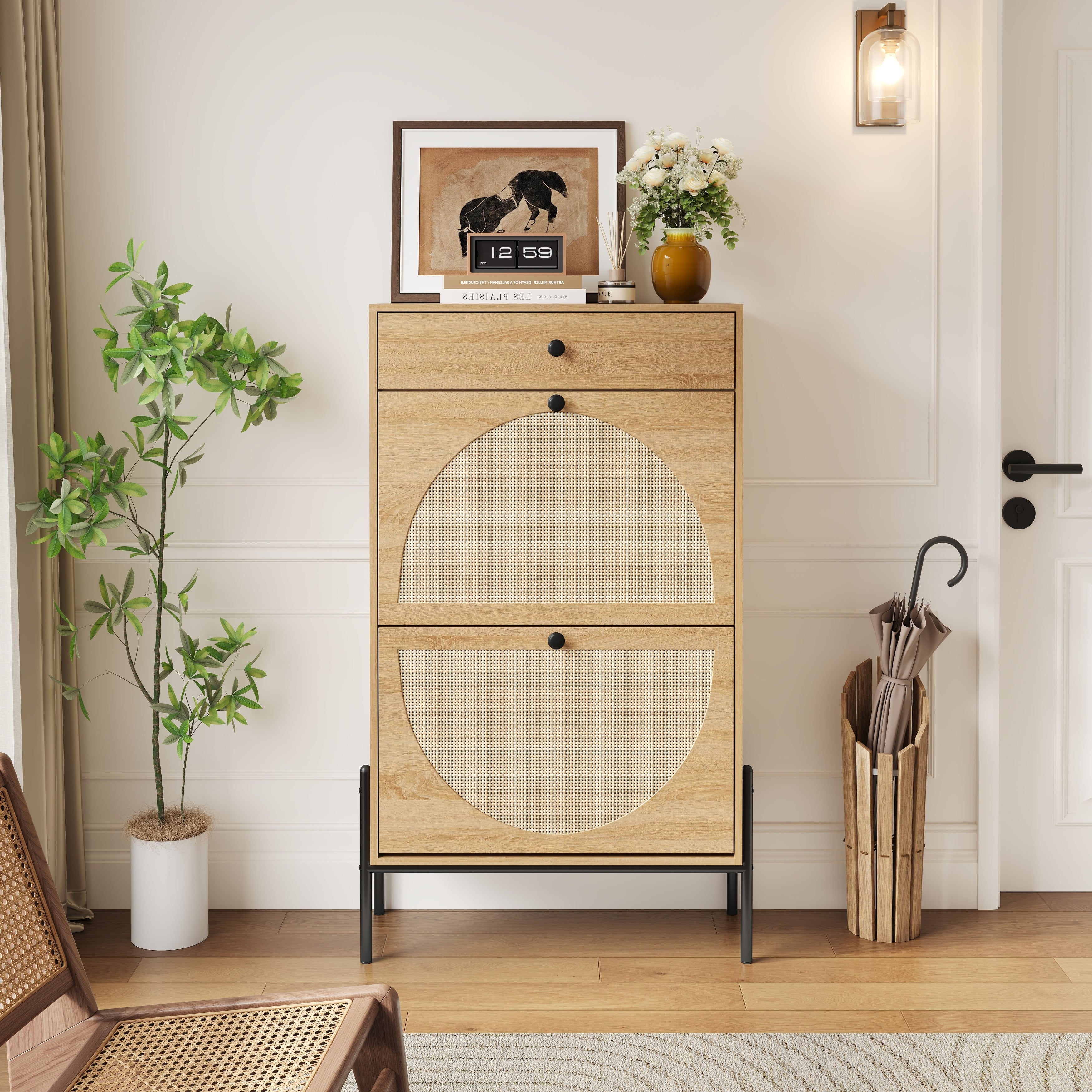 2 Door Shoe Storage Cabinet With Rattan Fronts Drawer Freestanding Entryway Organizer With Adjustable Shelf