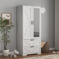 2 Door Wood Wardrobe With Hanging Clothing Rod Inside The Cabinet And 2 Drawers Multifunctional Closet With Mirror