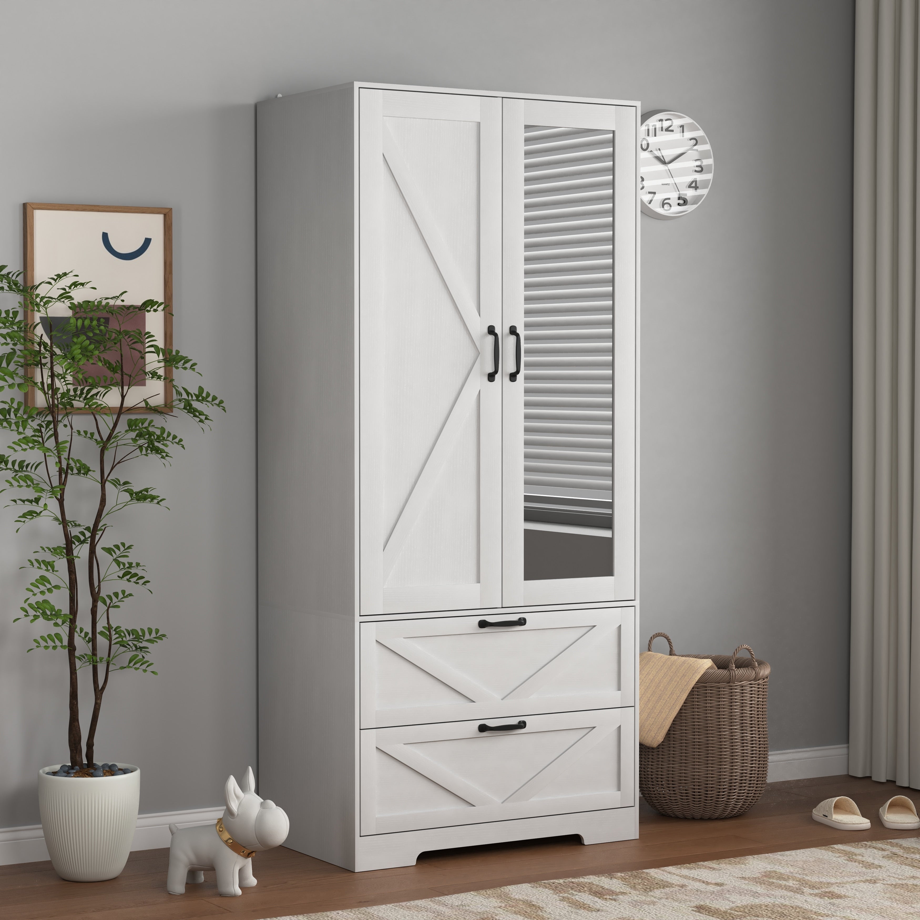 2 Door Wood Wardrobe With Hanging Clothing Rod Inside The Cabinet And 2 Drawers Multifunctional Closet With Mirror