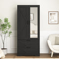 2 Door Wood Wardrobe With Hanging Clothing Rod Inside The Cabinet And 2 Drawers Multifunctional Closet With Mirror