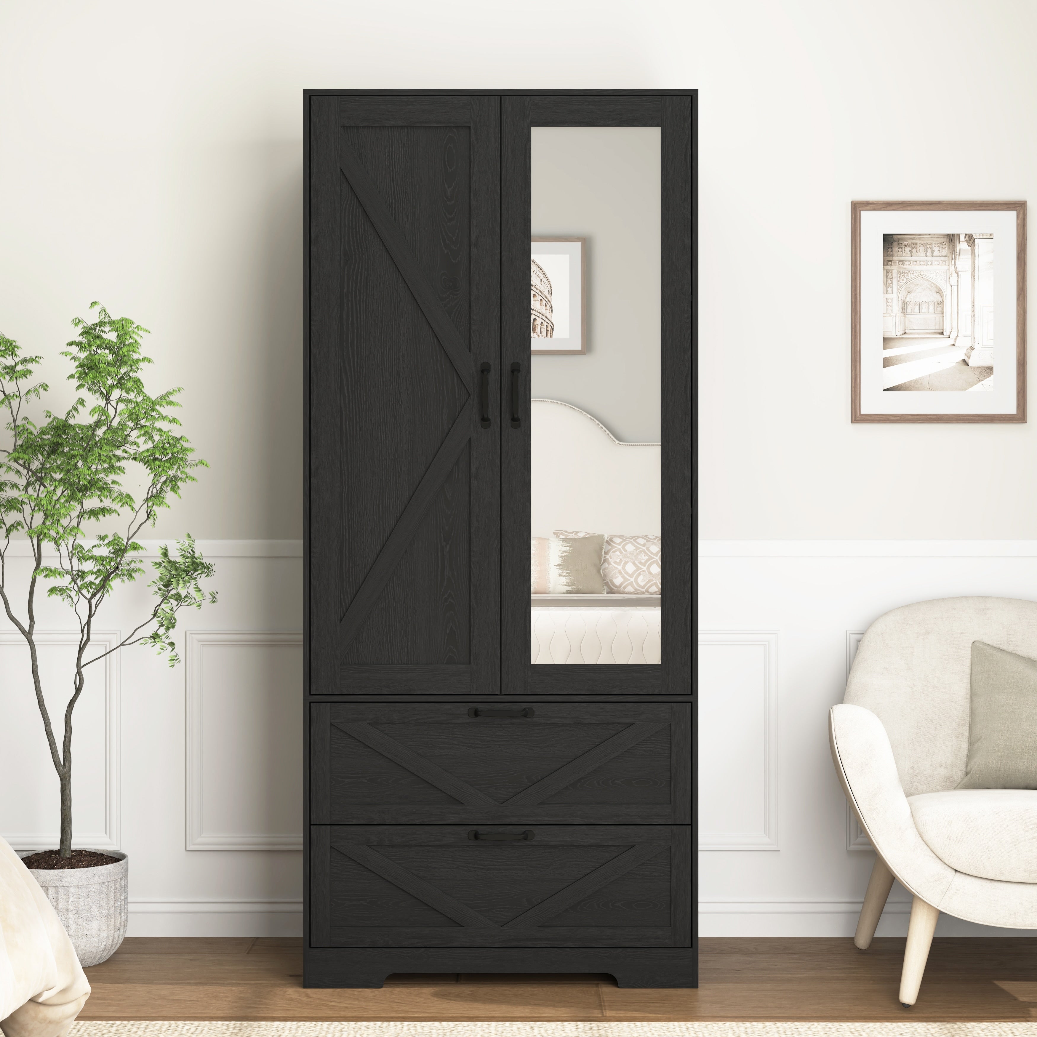 2 Door Wood Wardrobe With Hanging Clothing Rod Inside The Cabinet And 2 Drawers Multifunctional Closet With Mirror