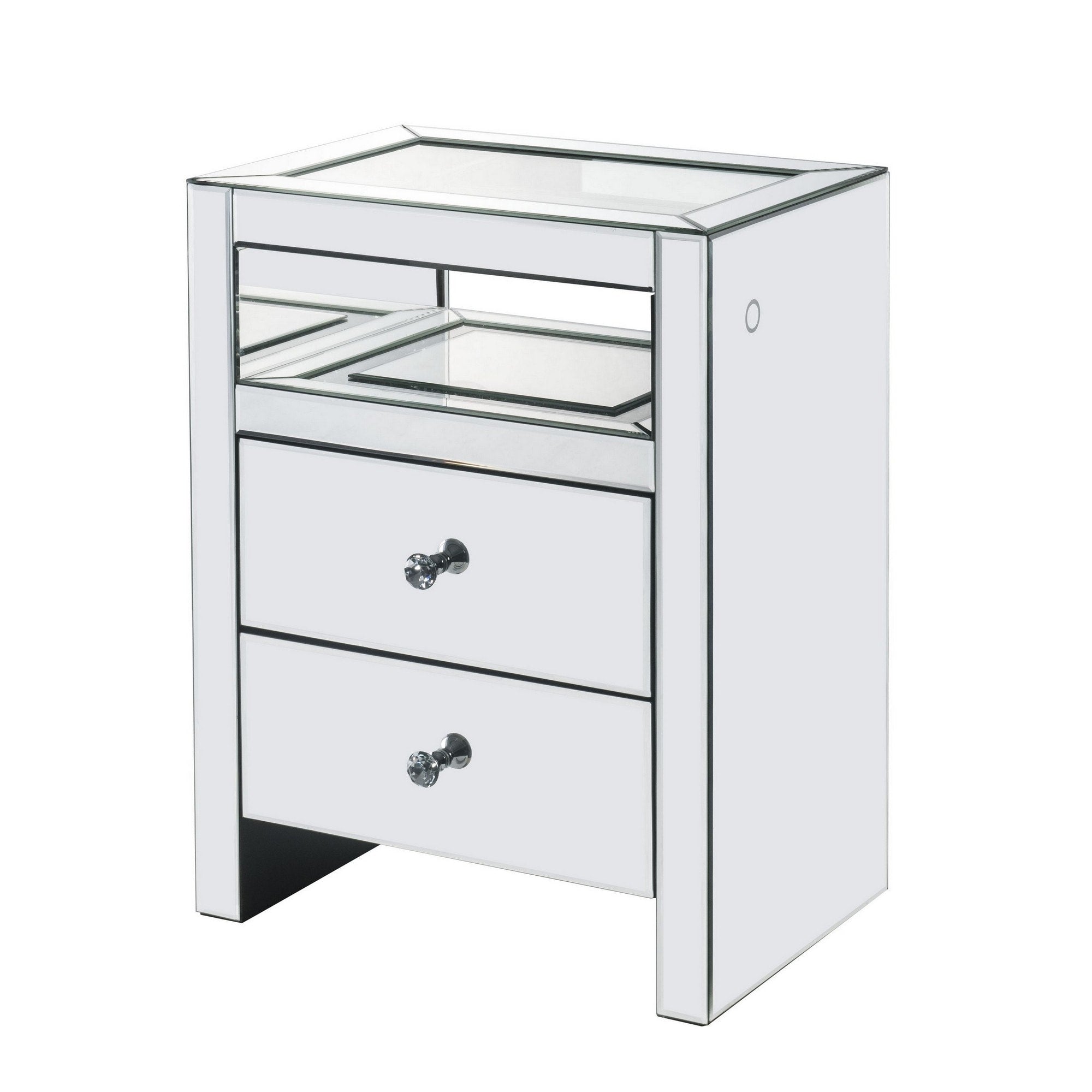 2 Drawer Beveled Mirrored Accent Table With Glass Top And Led Silver