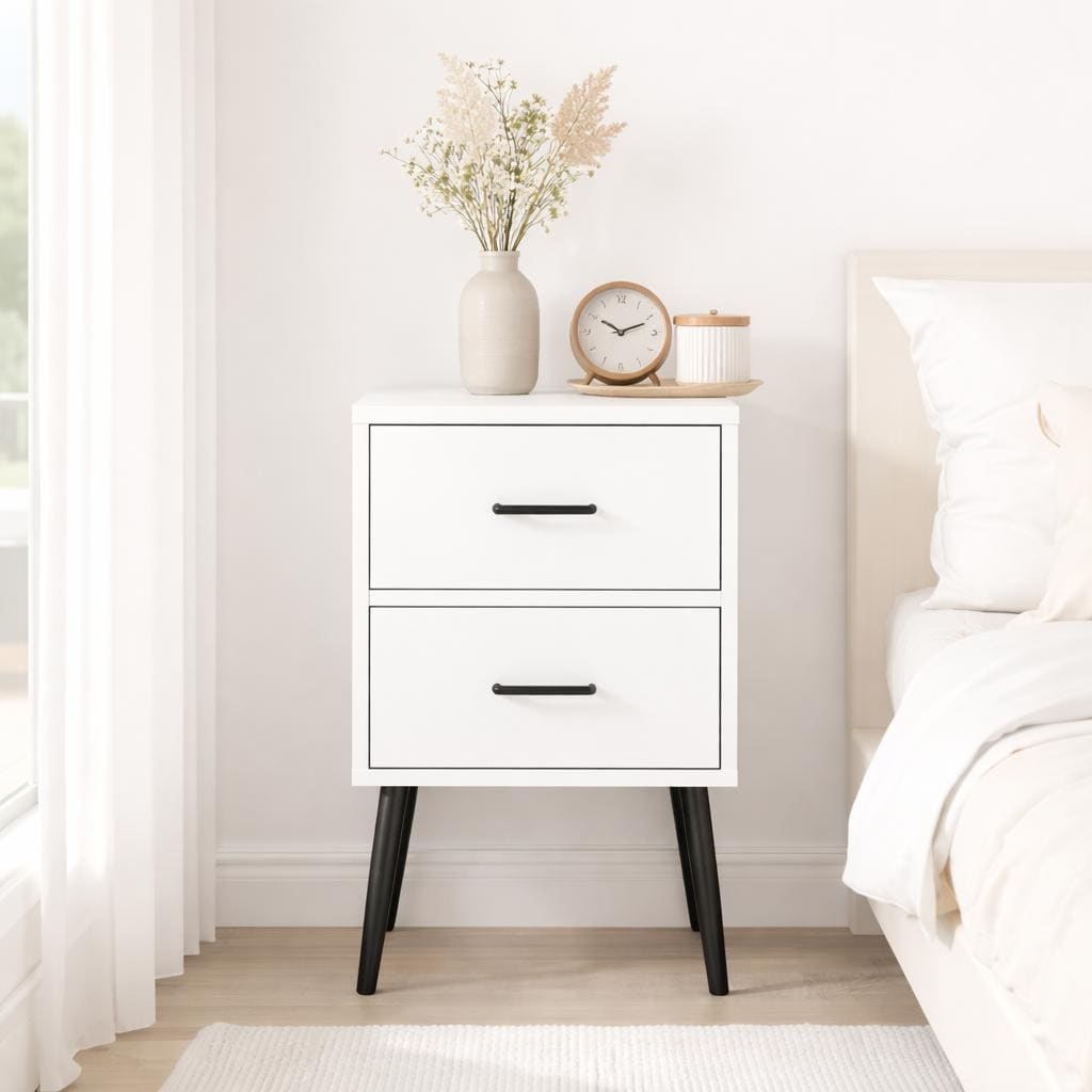 2 Drawer Nightstand With Metal Legs And Metal Handles Modern White Bedside Table Small End Table For Bedroom Living Room