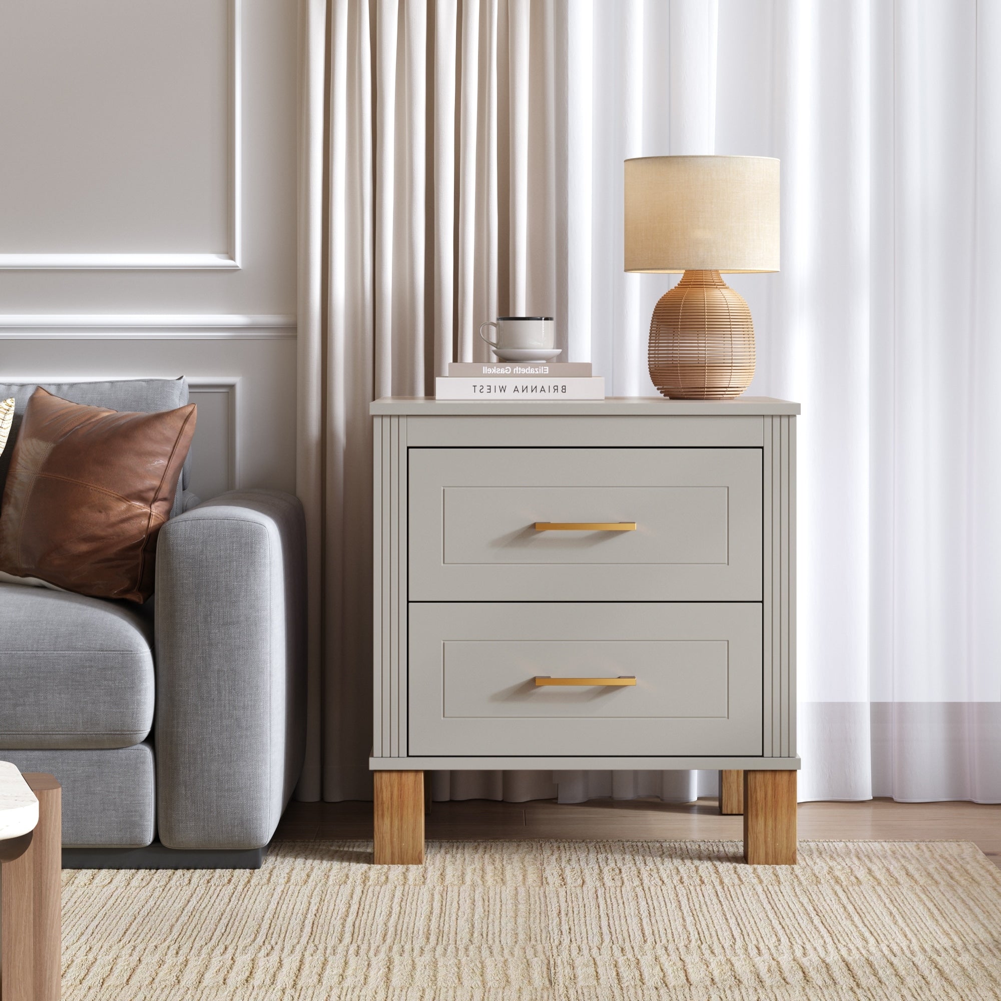 2 Drawer Nightstand Premium Wood Storage With Elegant Fluted Design Solid Wood Legs Nightstand With Metal Handle