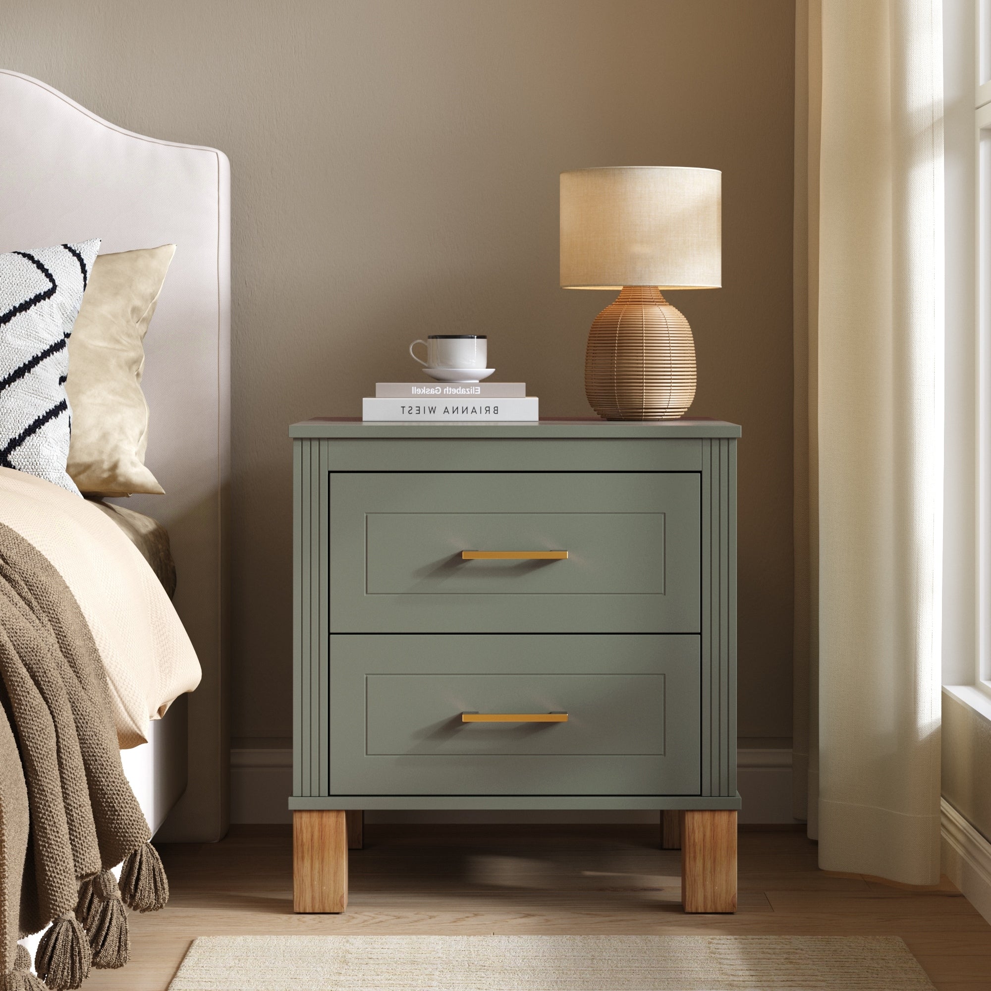 2 Drawer Nightstand Premium Wood Storage With Elegant Fluted Design Solid Wood Legs Nightstand With Metal Handle