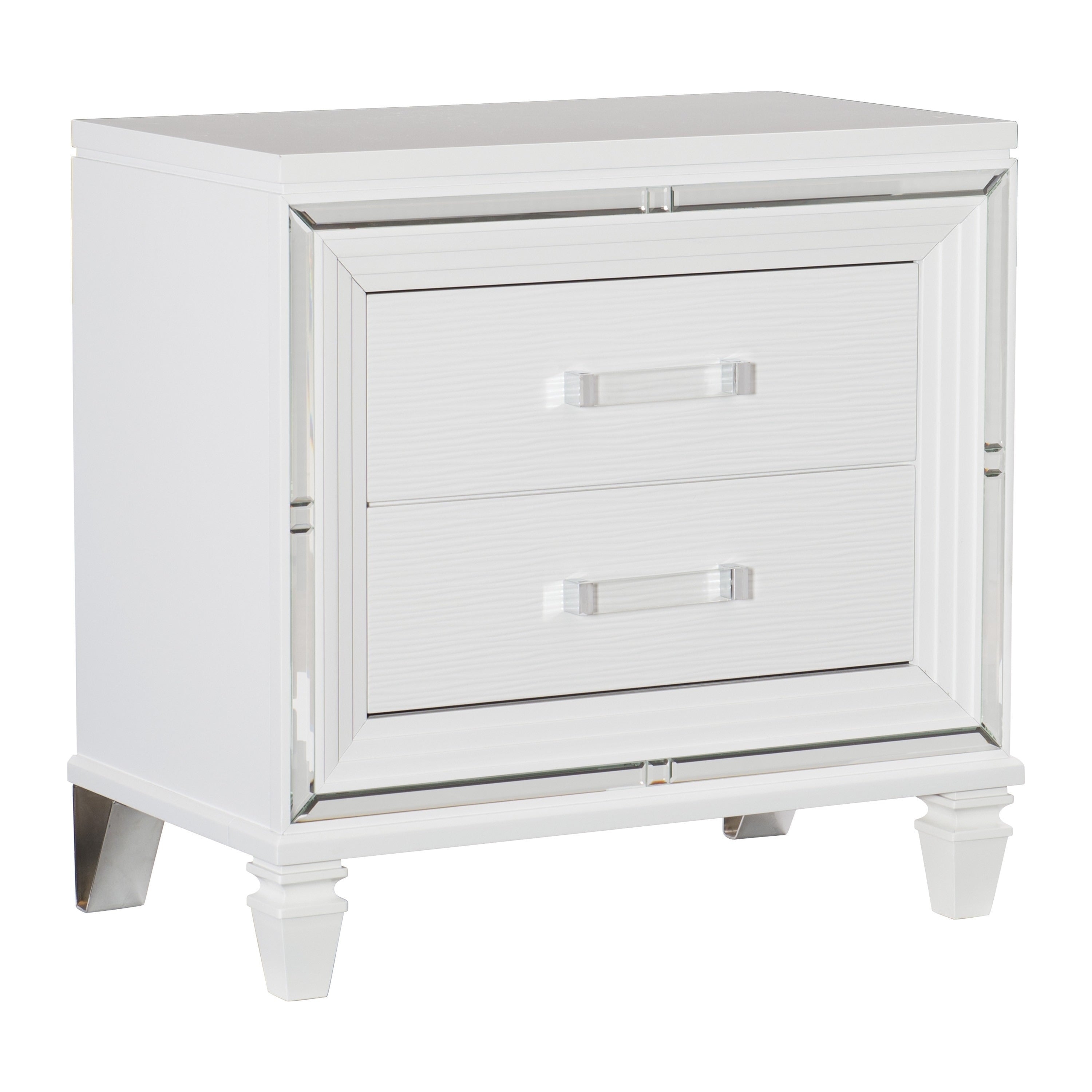 2 Drawer Wooden Nightstand With Acrylic Bar Pulls And Mirror Trim White