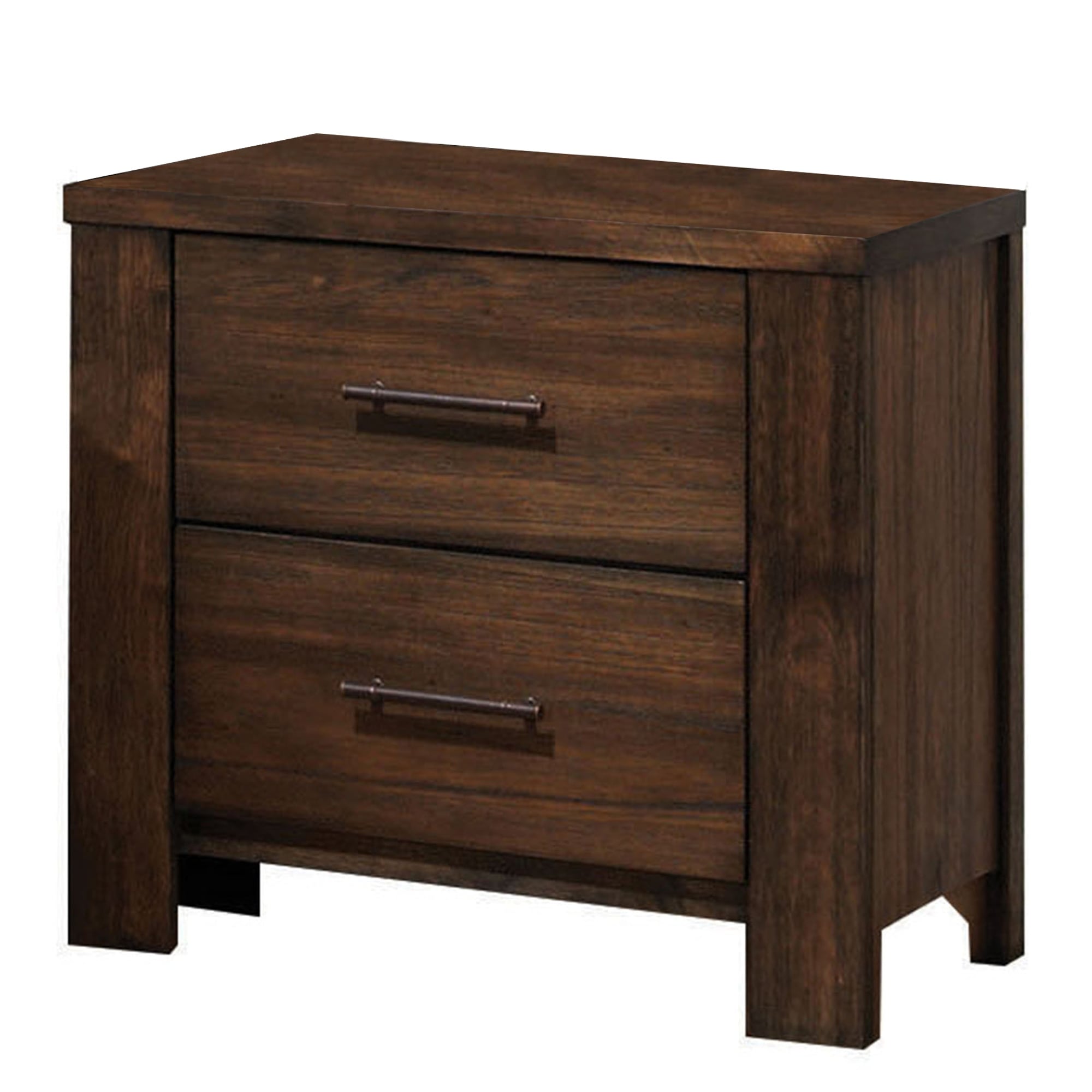 2 Drawer Wooden Nightstand With Metal Bar Handles And Block Legs Brown