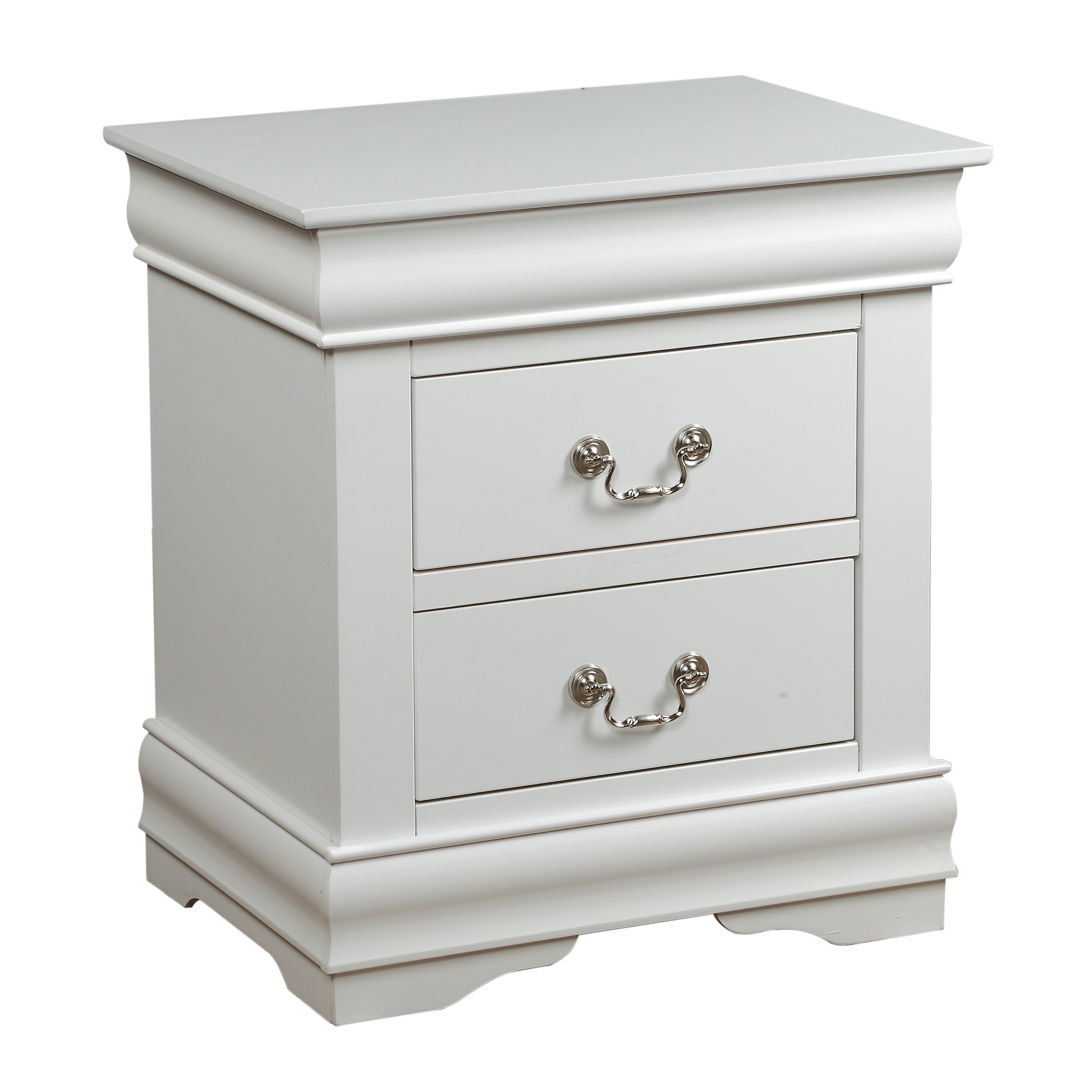 2 Drawer Wooden Nightstand With Metal Hanging Pulls And Bracket Feet White