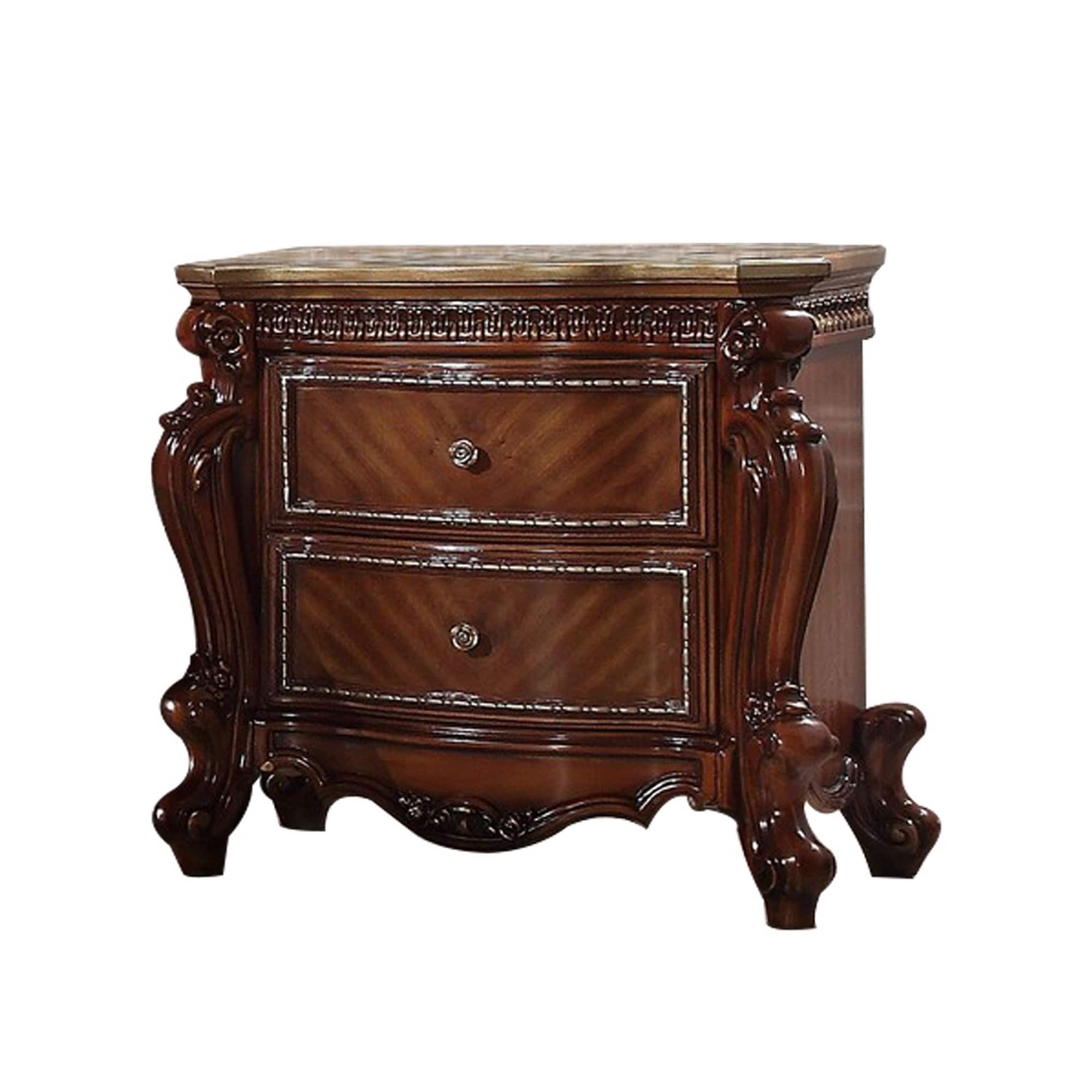 2 Drawer Wooden Nightstand With Metal Knobs And Carved Details Brown