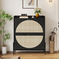 2 Drawer Wooden Shoe Cabinet With Rattan Doors Narrow Freestanding Storage Organizer For Entryway