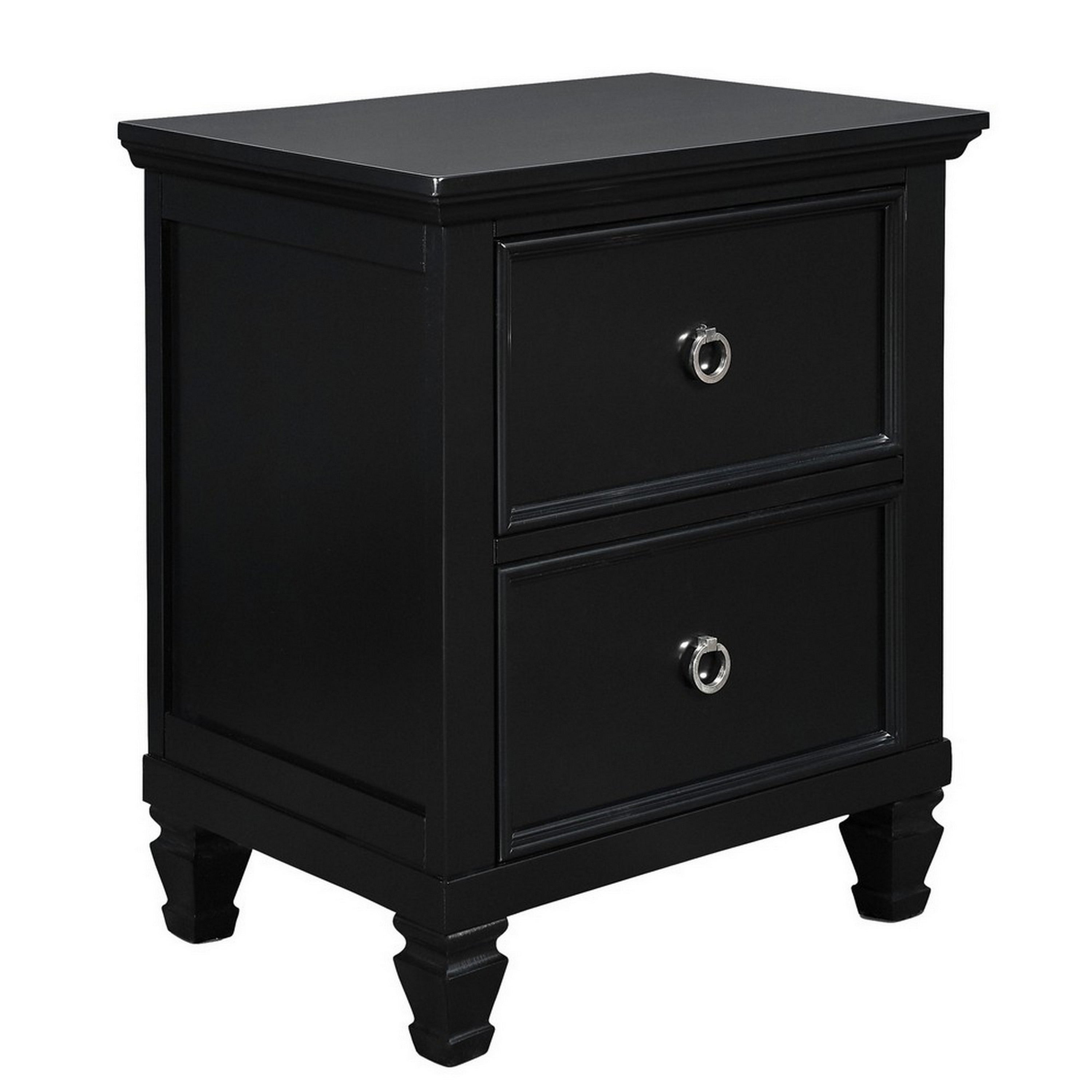2 Drawer Wooden Nightstand With Tapered Legs And Metal Rings Black