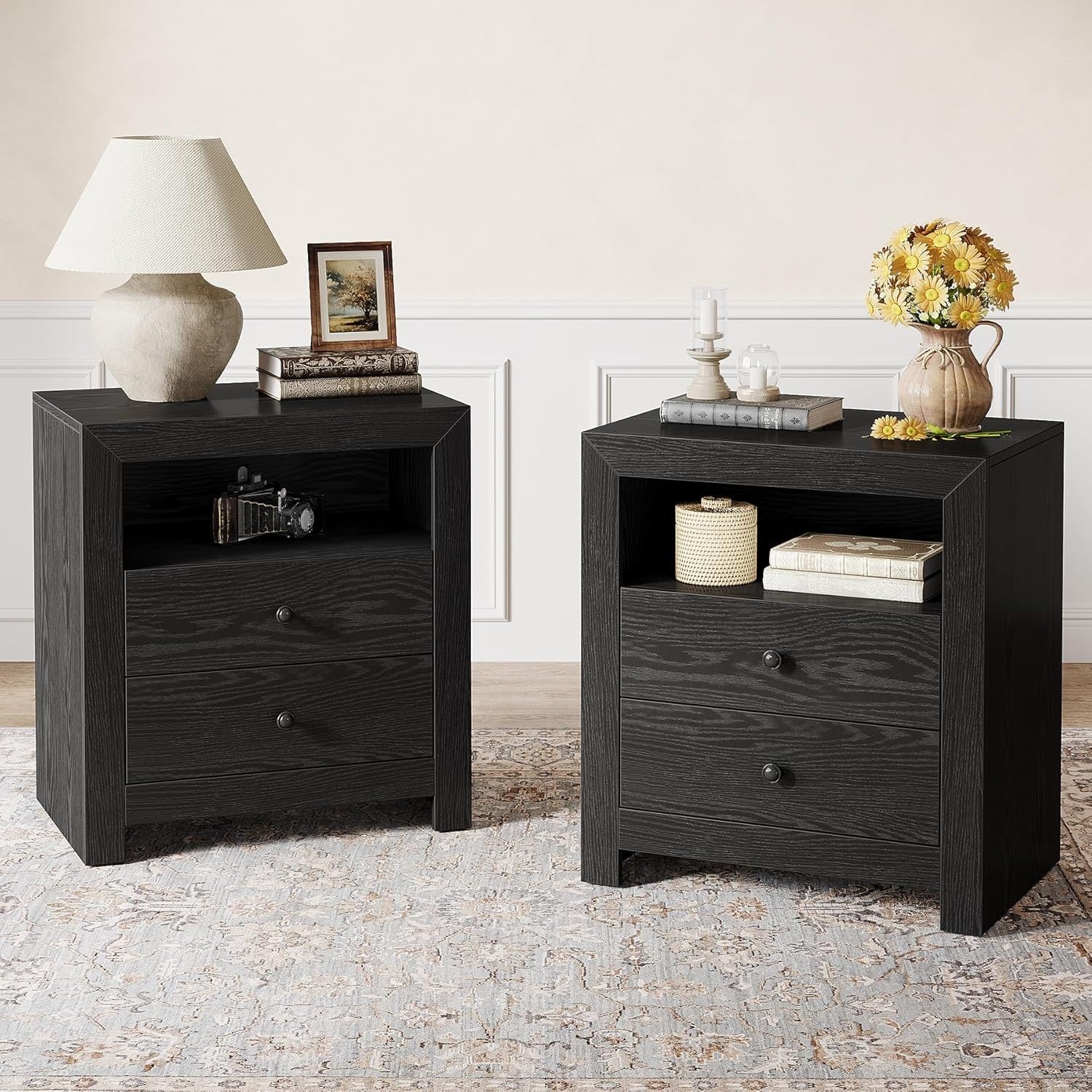 2 Drawers Nightstand With Open Storage Shelf For Bedroom
