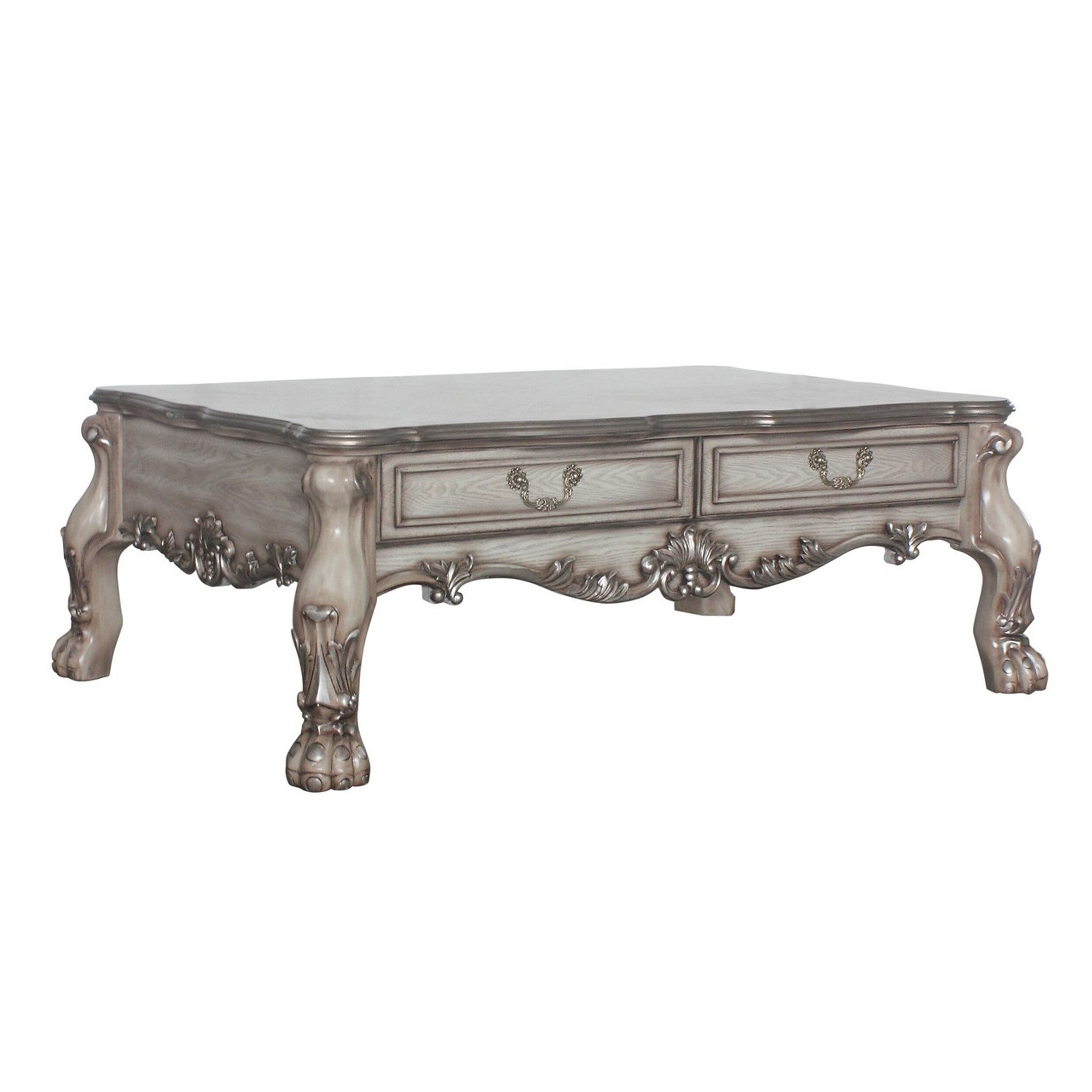 2 Drawers Wooden Coffee Table With Oversized Claw Legs Antique Silver