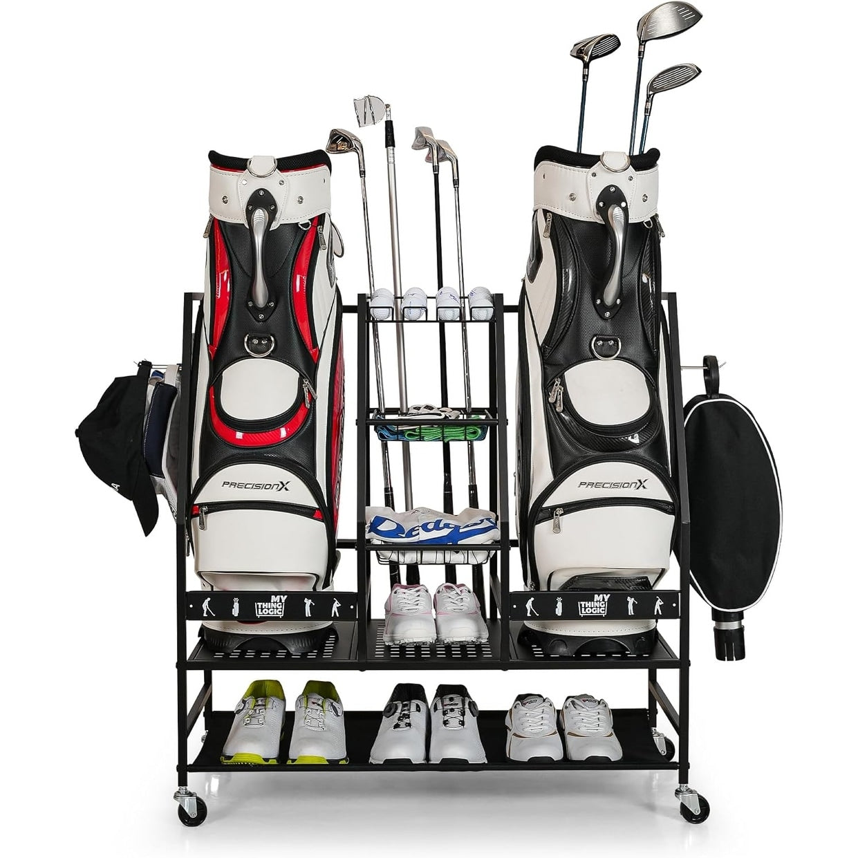 2 Golf Bag Stand Rolling Storage Rack For Clubs Shoes And Accessories
