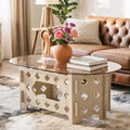 2 In 1 Oval Coffee Table Hidden Cat Nest Design Tempered Glass Tabletop 4 Piece Hollow Carved Multilayer Wood Spliced Base