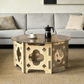 2 In 1 Round Coffee Table Hidden Cat Nest Design Tempered Glass Tabletop 6 Piece Hollow Carved Multilayer Wood Spliced Base