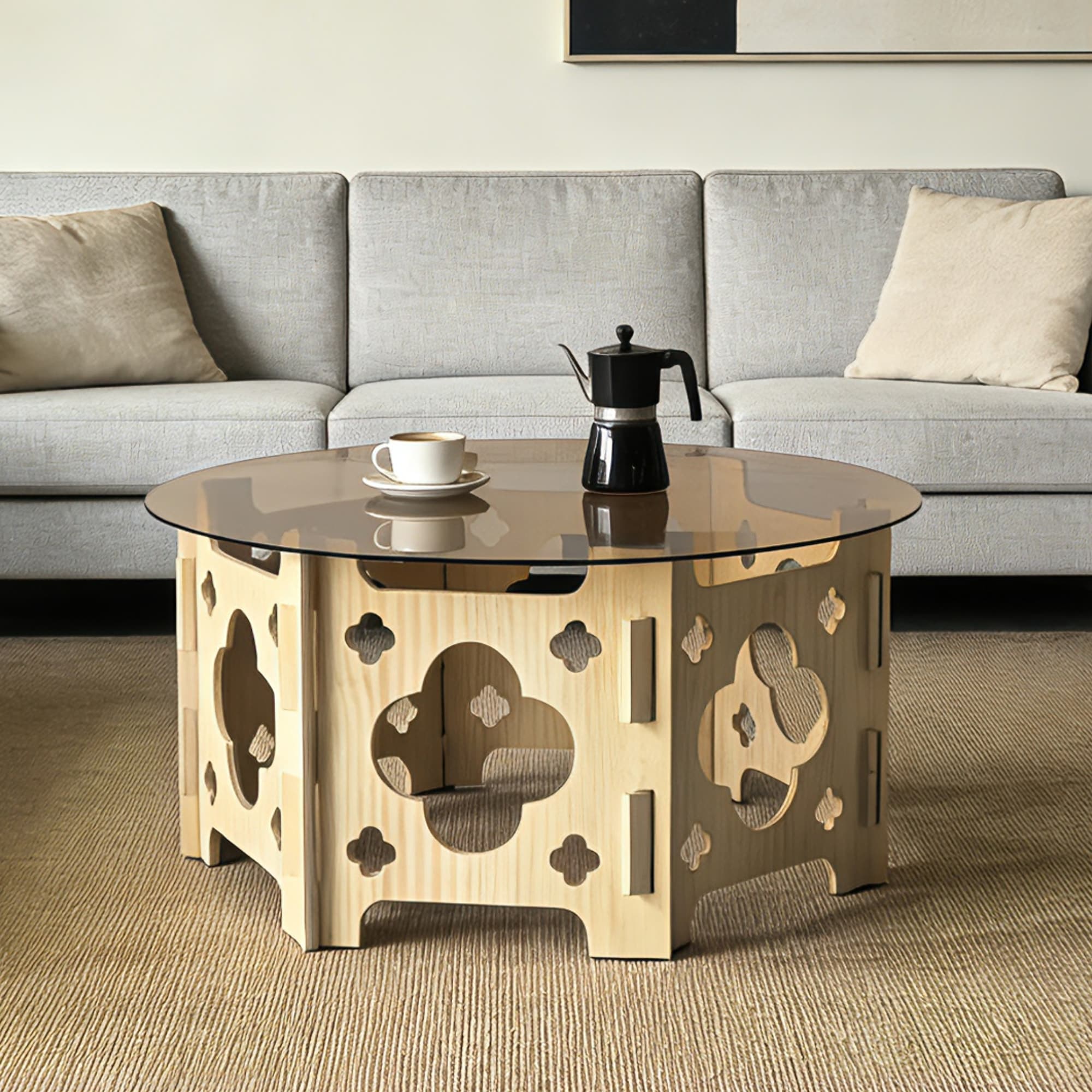 2 In 1 Round Coffee Table Hidden Cat Nest Design Tempered Glass Tabletop 6 Piece Hollow Carved Multilayer Wood Spliced Base