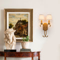 2 Light Antique Gold Metal Wall Sconce Cone Linen Fabric Shades