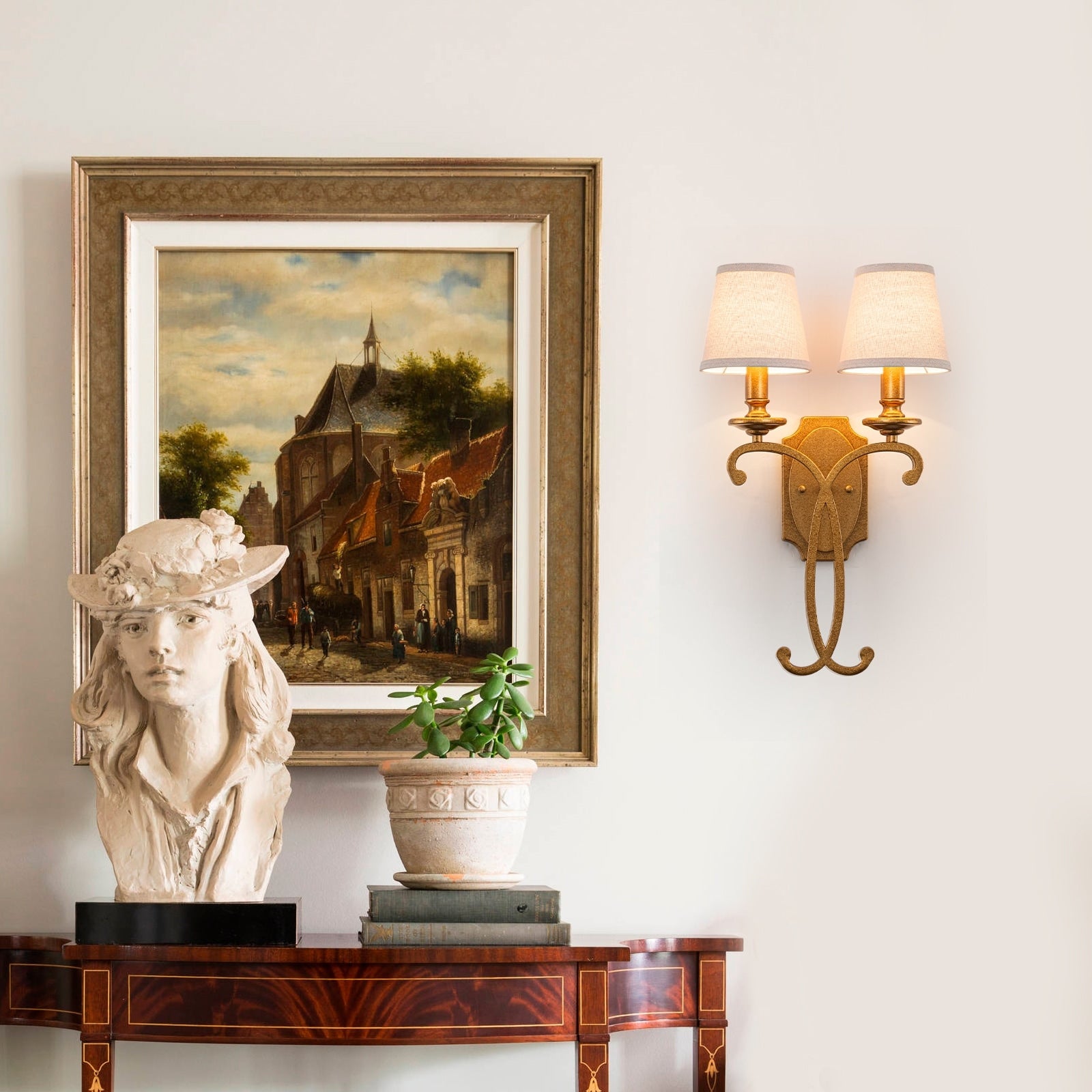 2 Light Antique Gold Metal Wall Sconce Cone Linen Fabric Shades