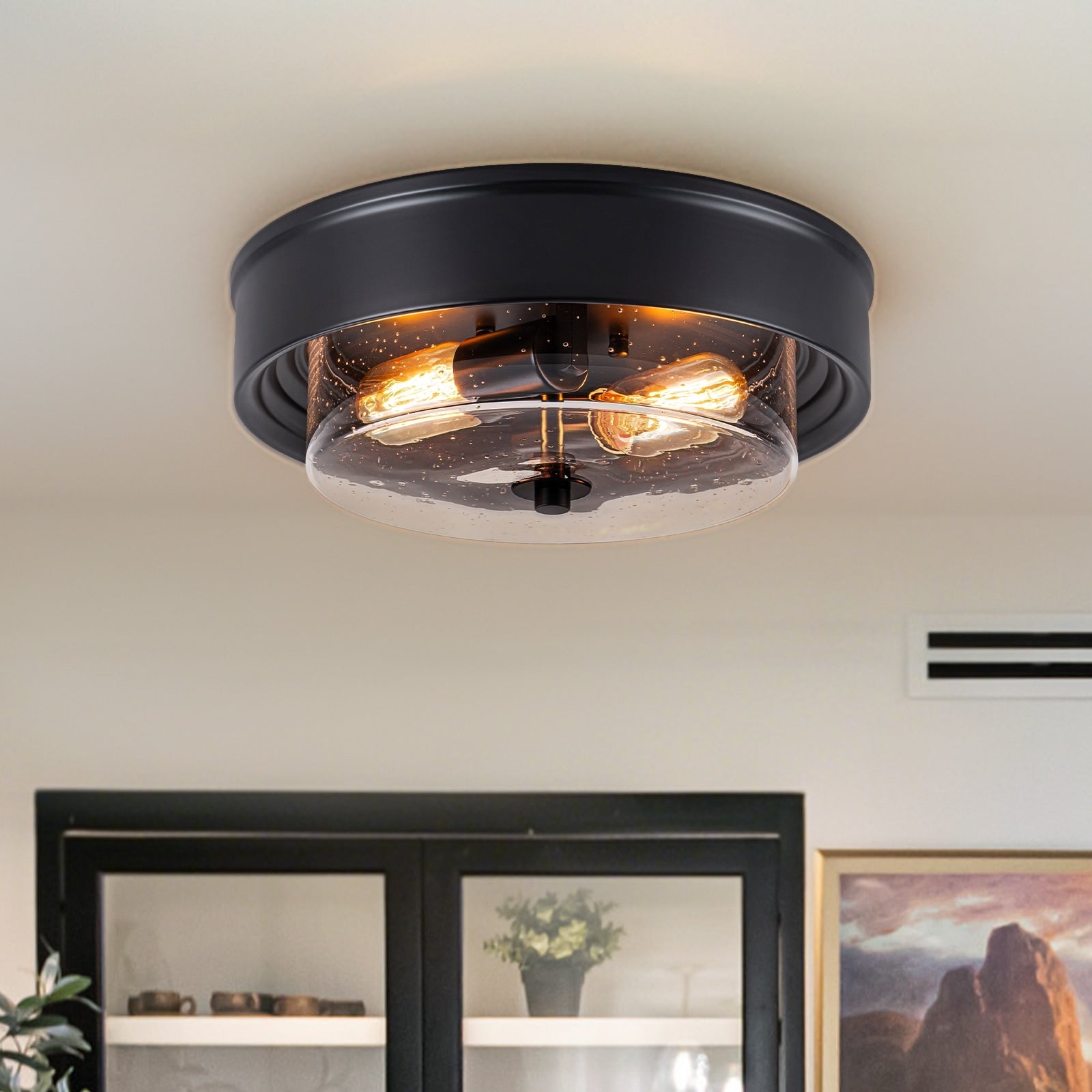 2 Light Black Glass Dome Flush Mount Ceiling Light