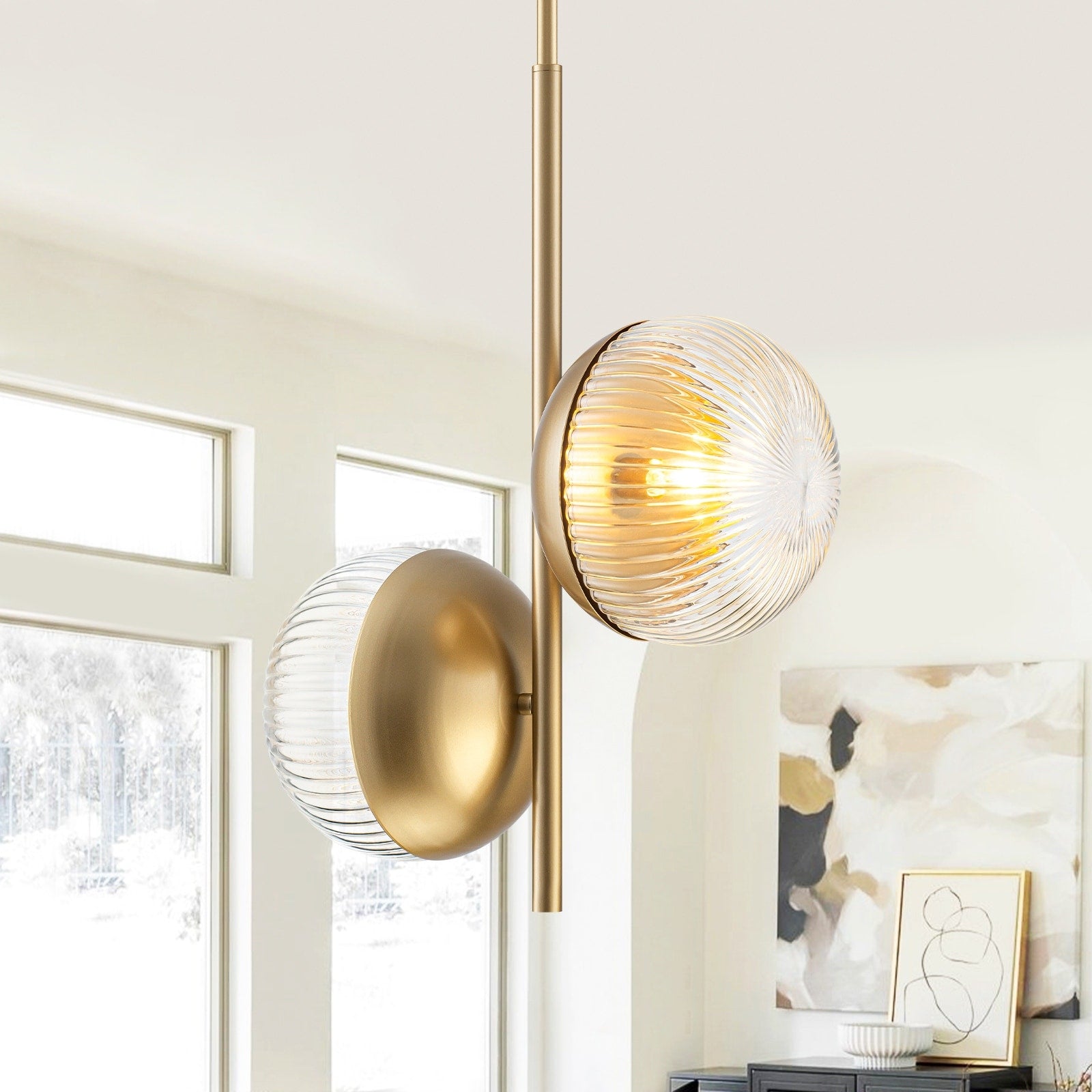 2 Light Branched Semi Flush Mount With Clear Striped Glass Shades