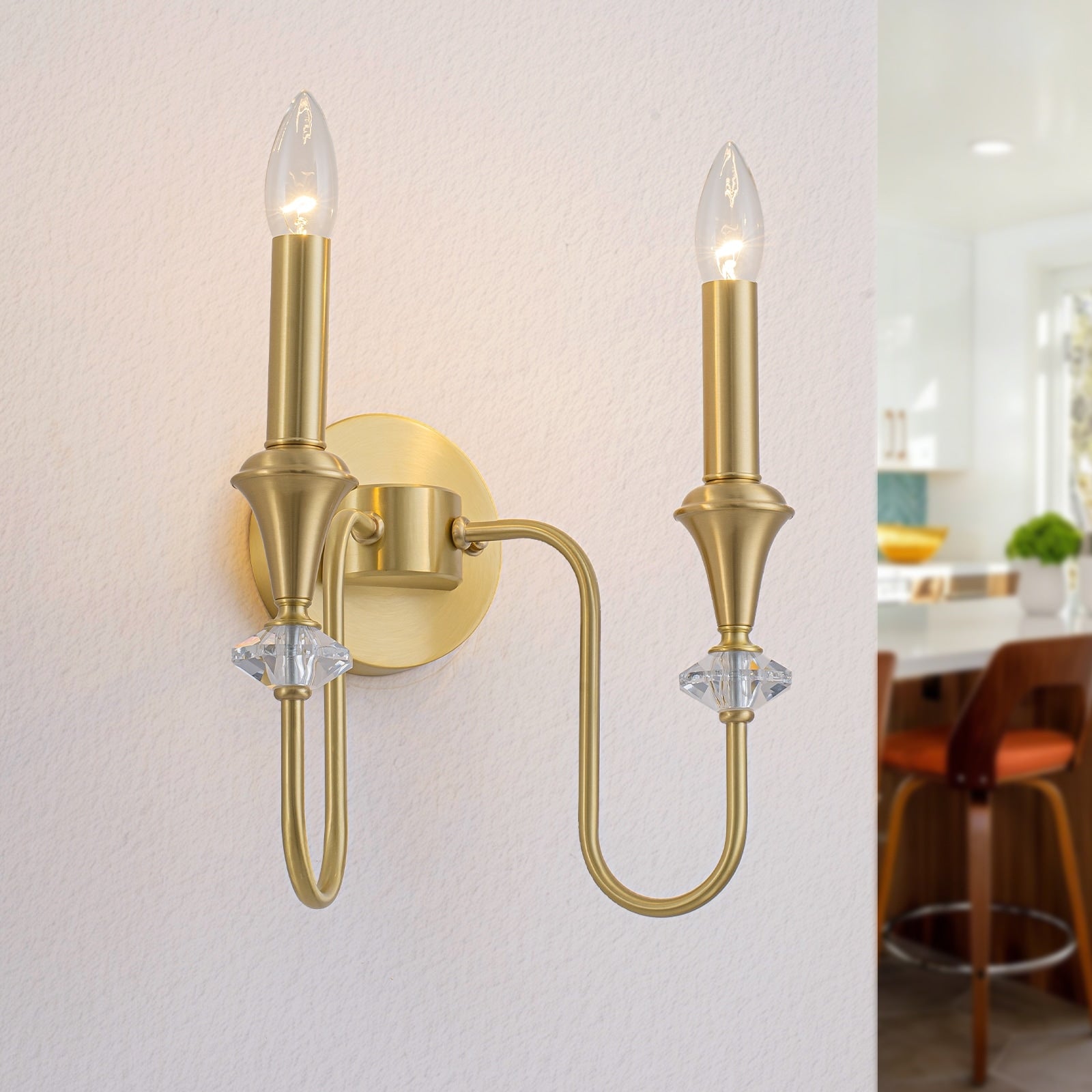 2 Light Farmhouse Classical Brass Wall Sconce With Crystal Accents