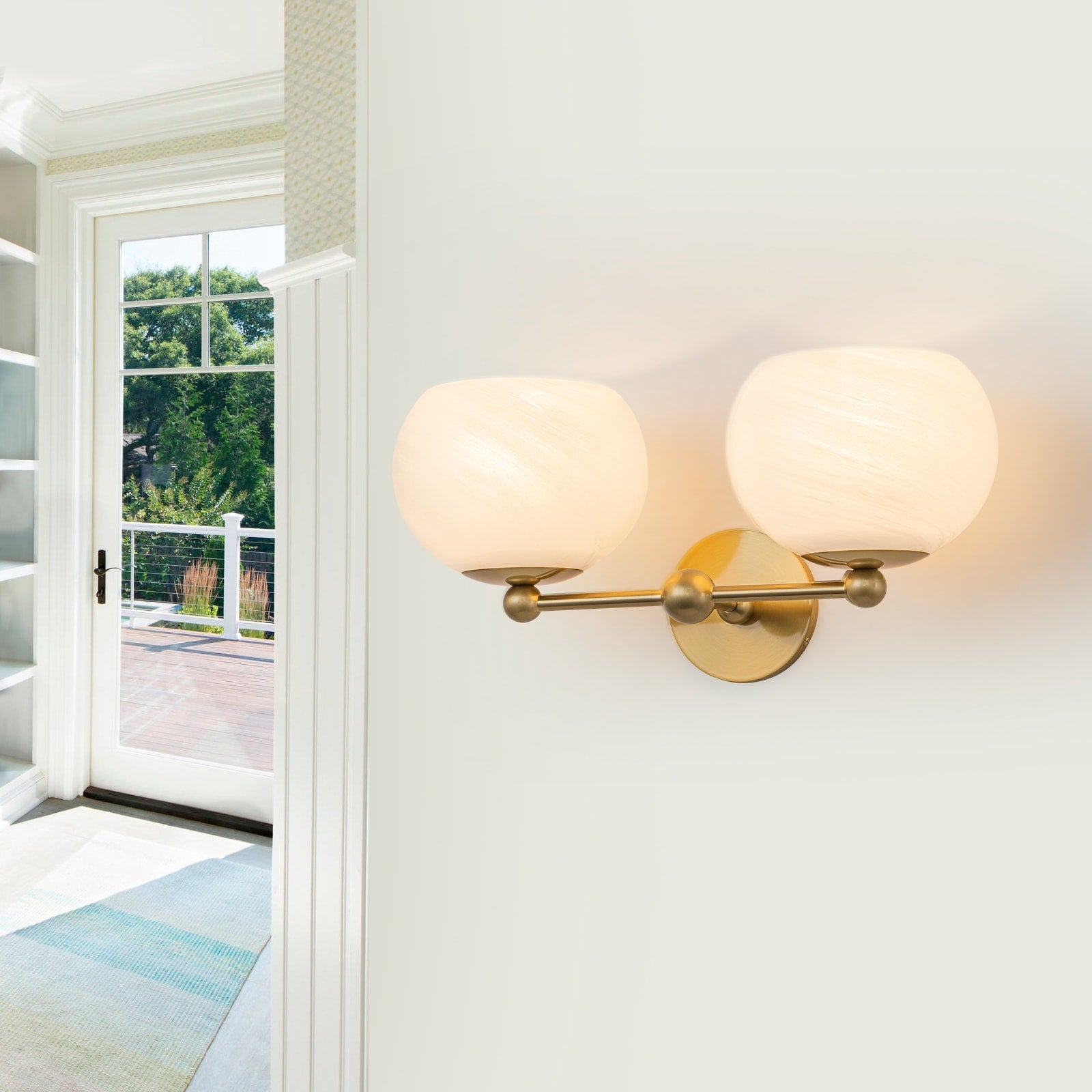 2 Light Gold Double Globe Wall Sconce Cloud Pattern Glass Shades