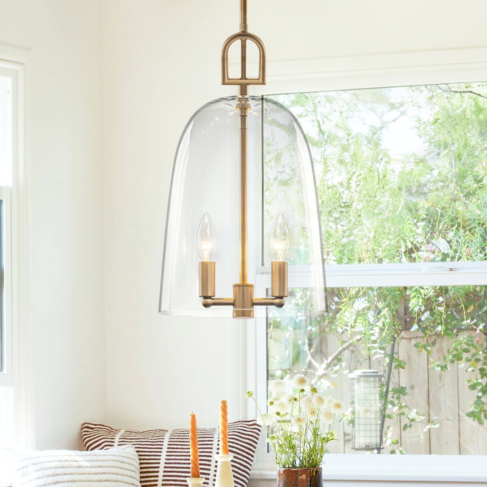 2 Light Gold Metal Pendant Light With Bell Shaped Clear Glass Shades Dia.10 In