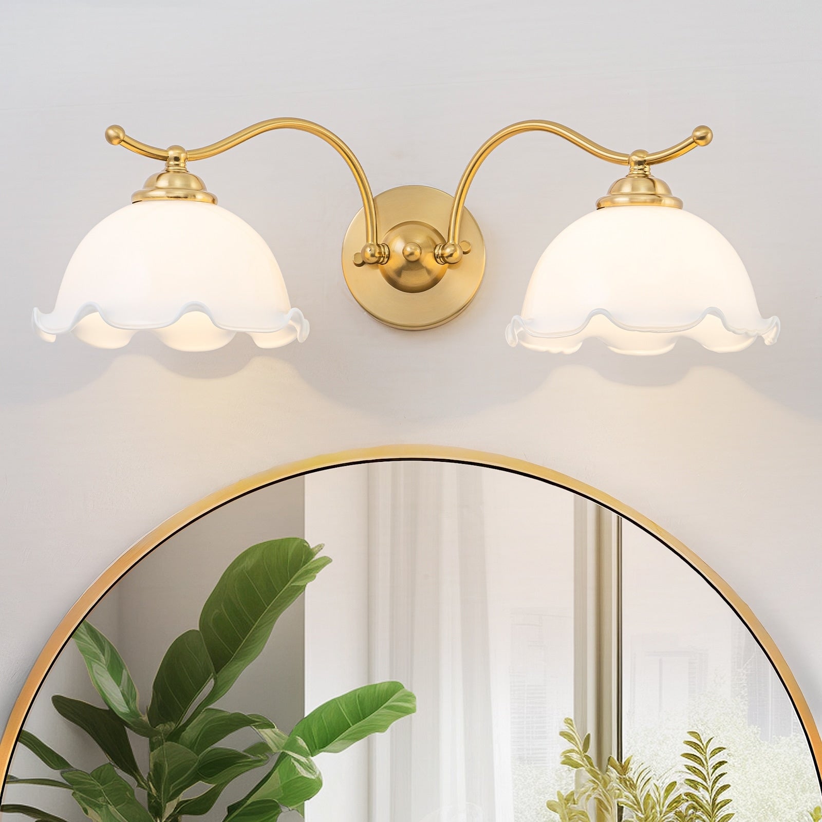 2 Light Gold Metal Wall Sconce With Flower Milky White Glass Shades