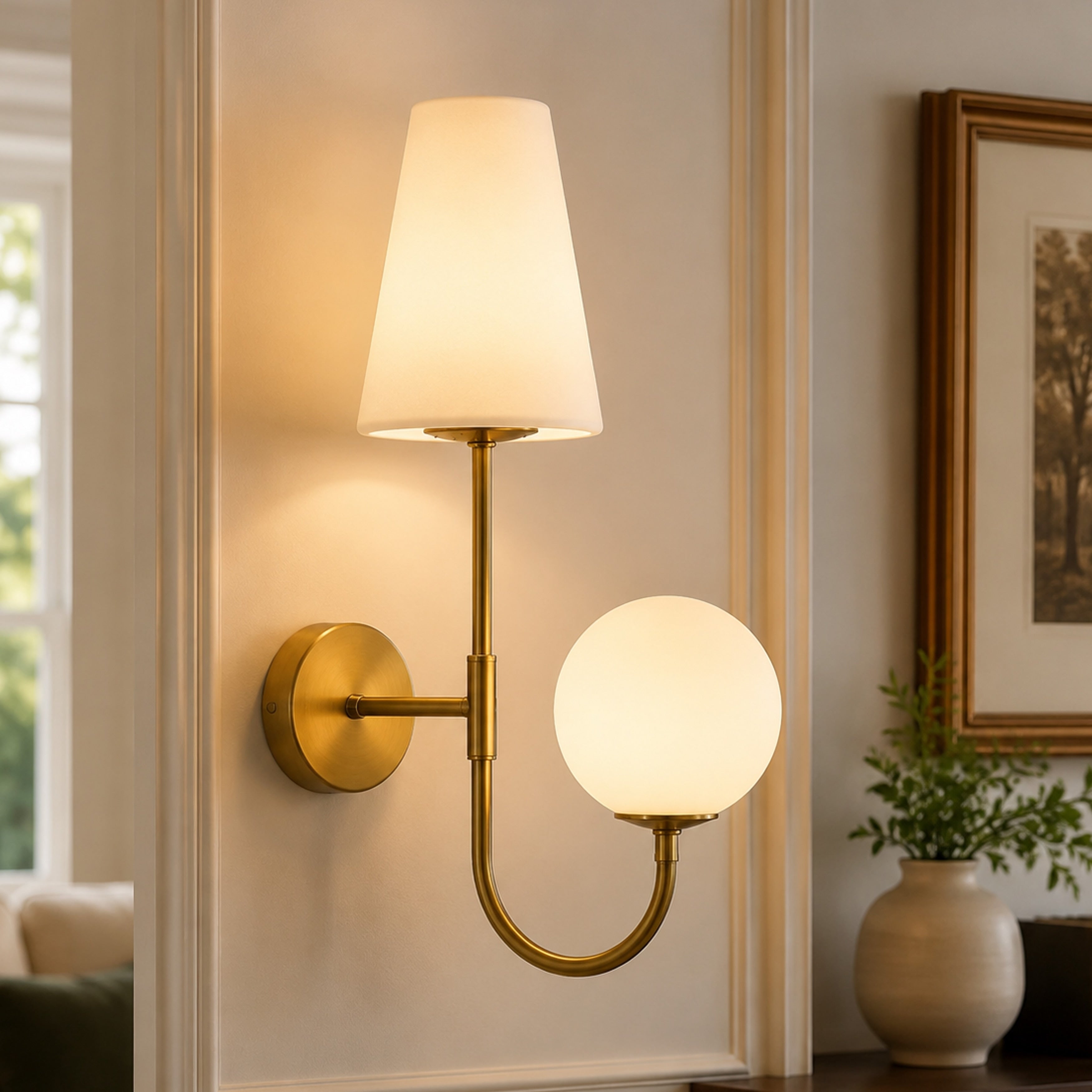 2 Light Gold Plated Wall Sconce With Frosted Glass Shades Milky White Glass