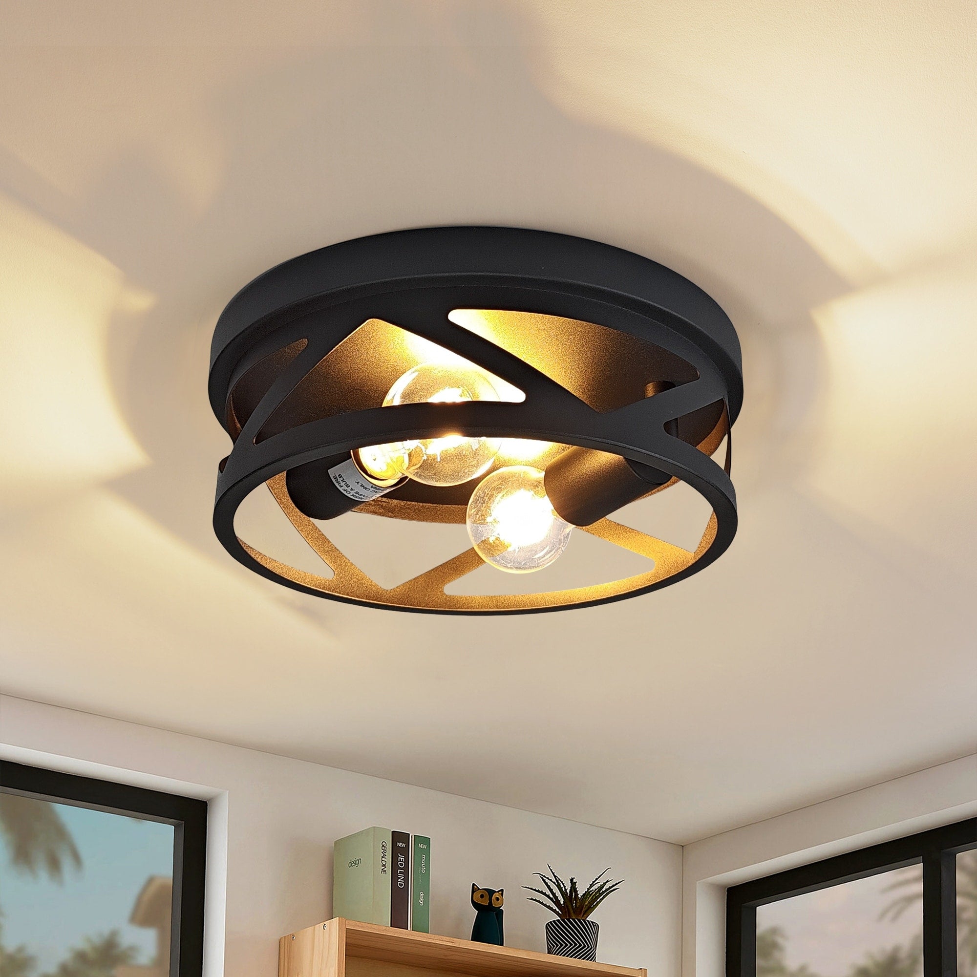 2 Light Industrial Flush Mount Ceiling Light Black Metal Cage E26 Base Modern Farmhouse Lighting For Hallway Bedroom