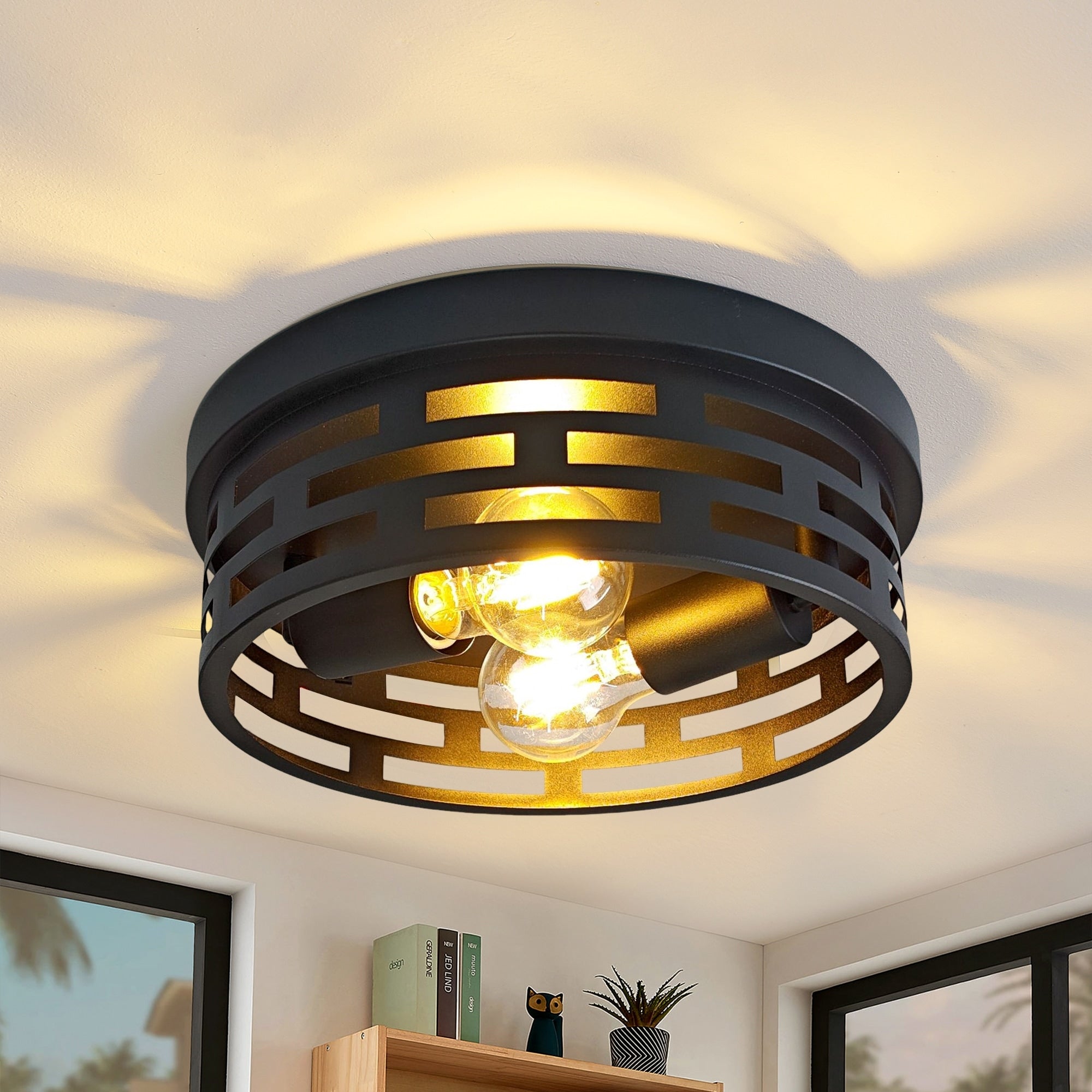 2 Light Industrial Flush Mount Ceiling Light Black Metal Cage E26 Base Modern Farmhouse Lighting For Hallway Bedroom